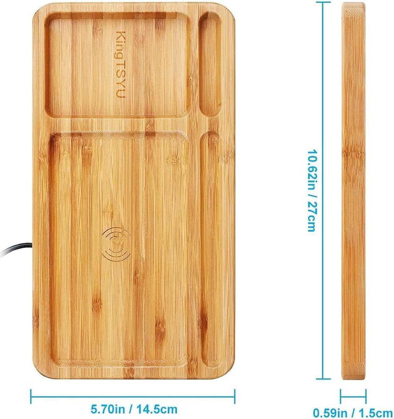 Alt view image 4 of 7 - 2 in 1 Desktop Wood Wireless Qi Charger Dock Station Bamboo Organizer Holder, 15W Phone USB Charging Docking Stand , Wooden Charging Pad, For iPhone Samsung Android Nightstand Home Office KingTSYU