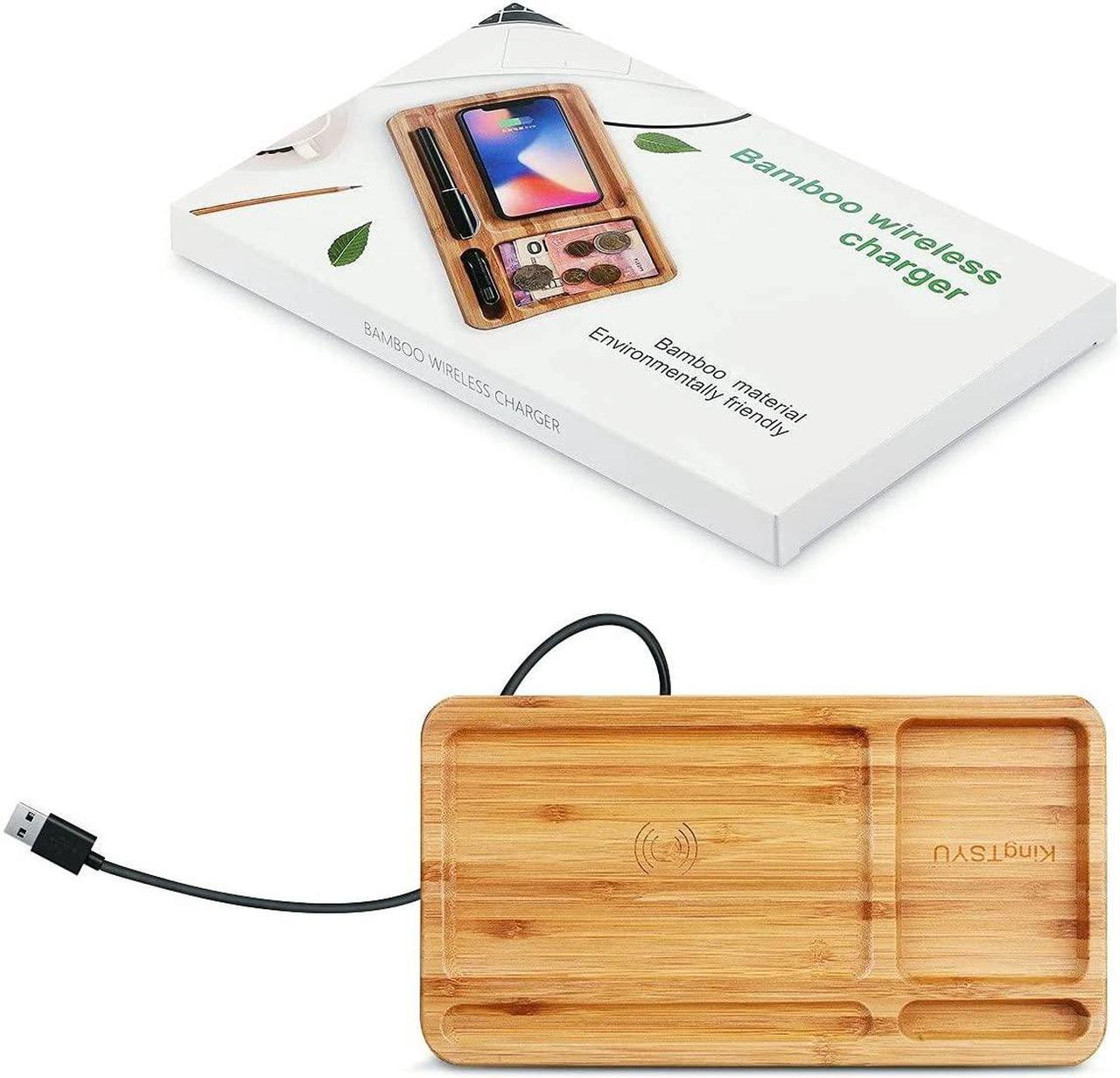Alt view image 7 of 7 - 2 in 1 Desktop Wood Wireless Qi Charger Dock Station Bamboo Organizer Holder, 15W Phone USB Charging Docking Stand , Wooden Charging Pad, For iPhone Samsung Android Nightstand Home Office KingTSYU