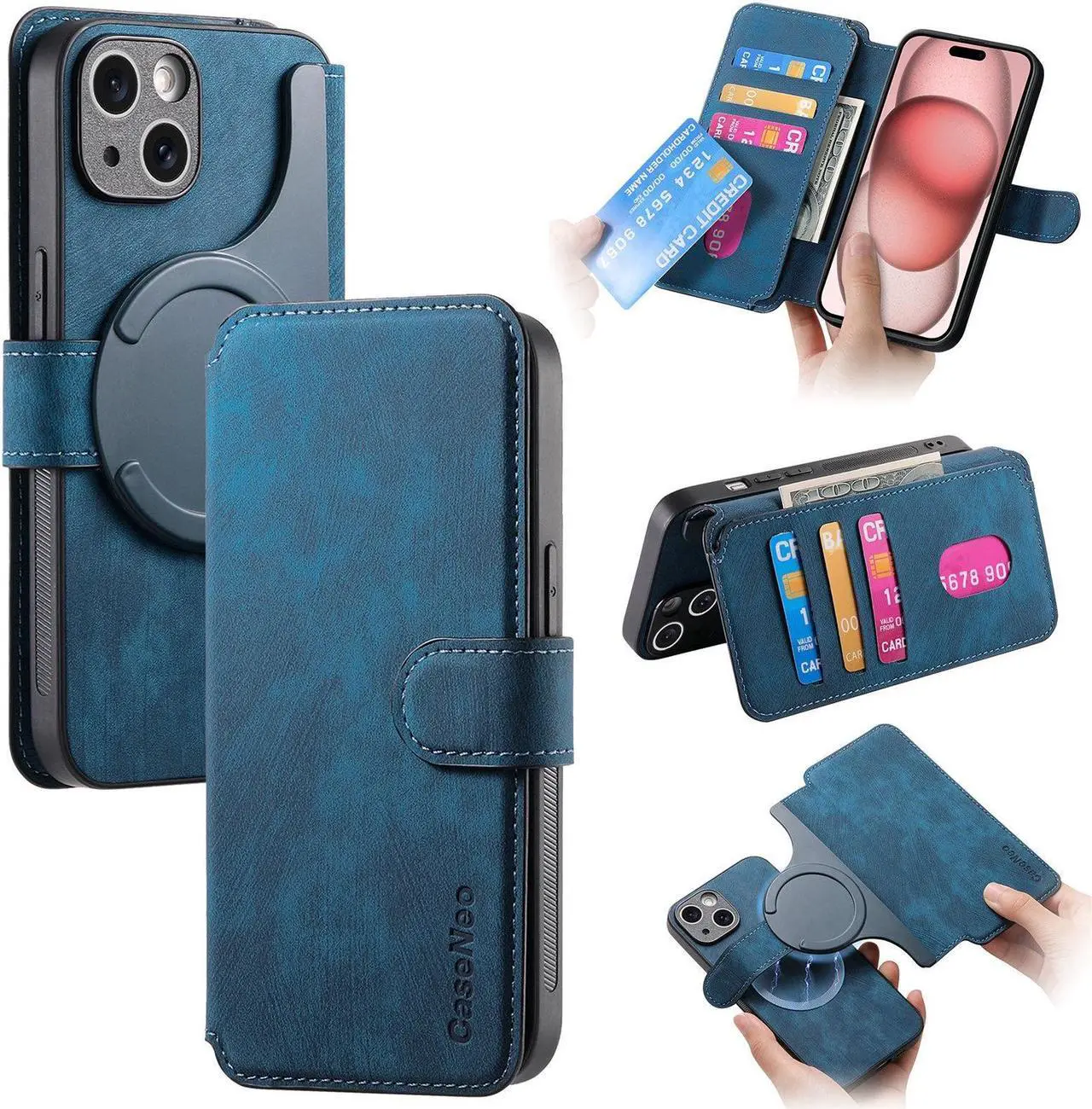 Main image of SCPBOWL Detachable Cell Phone Holder with Wallet, Magesafe Charging, PU Leather, Suport Card, Protective RFID, Blue iPhone 16 PRO MAX