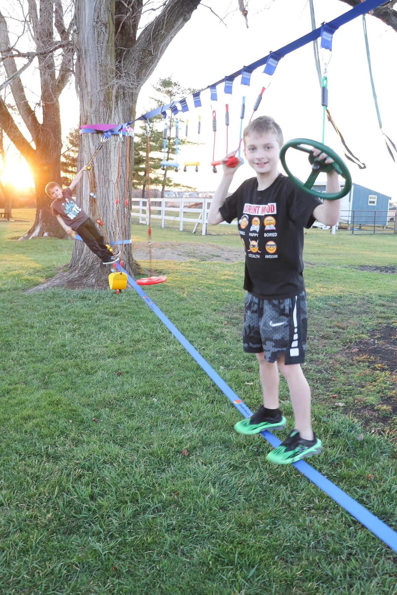 Alt view image 4 of 6 - Gentle Booms Sports Ninja Warrior Obstacle Course Ninja Line Included with 65ft Blue Slackline Backyard Tree Training Equipment Outdoor Play Gym