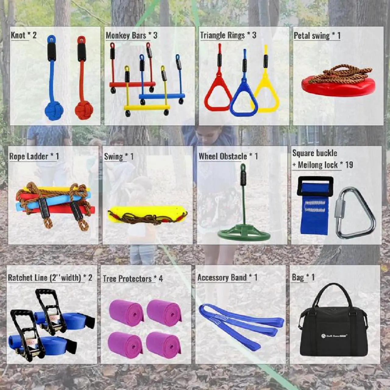 Alt view image 2 of 6 - Gentle Booms Sports Ninja Warrior Obstacle Course Ninja Line Included with 65ft Blue Slackline Backyard Tree Training Equipment Outdoor Play Gym