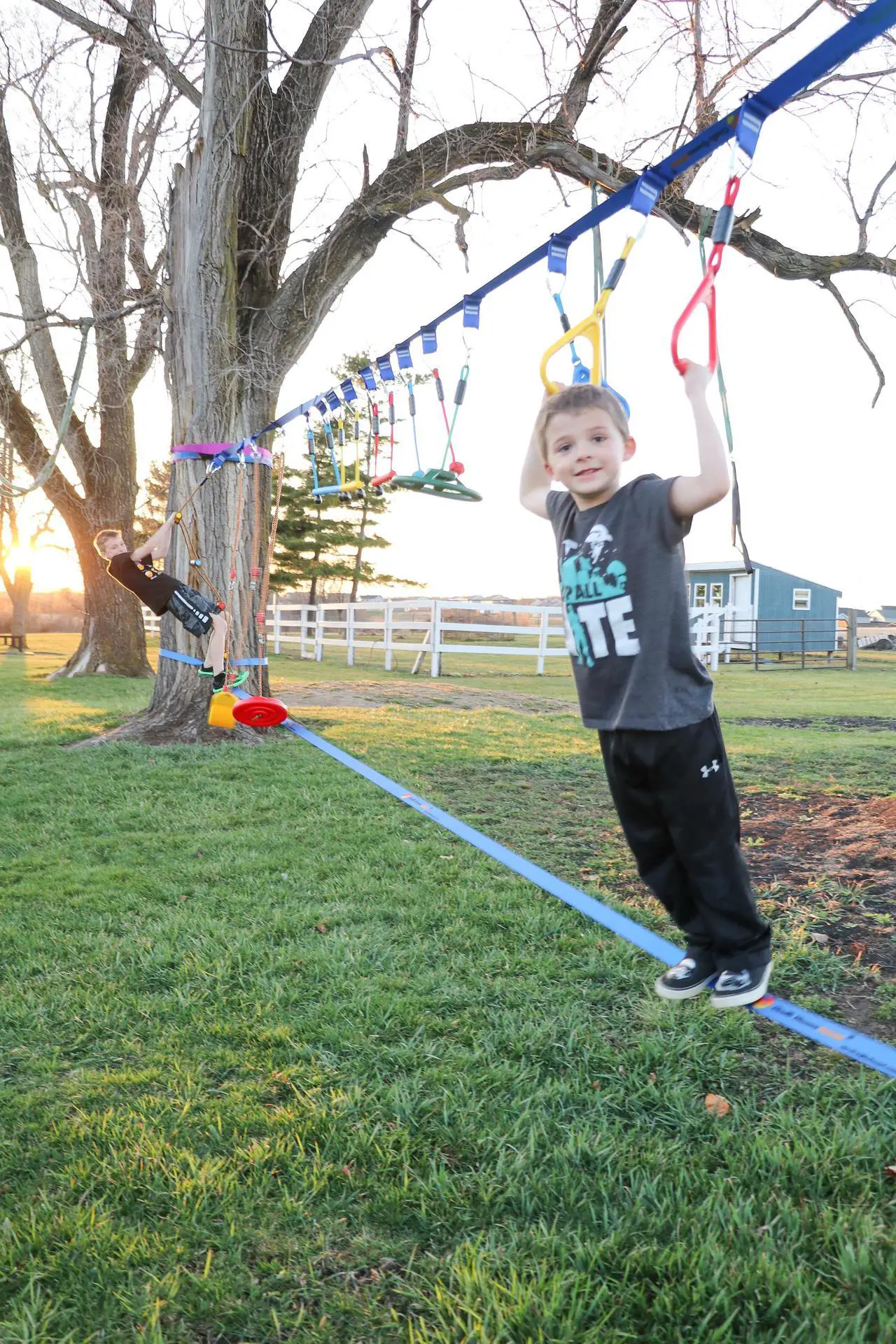 Alt view image 3 of 6 - Gentle Booms Sports Ninja Warrior Obstacle Course Ninja Line Included with 65ft Blue Slackline Backyard Tree Training Equipment Outdoor Play Gym