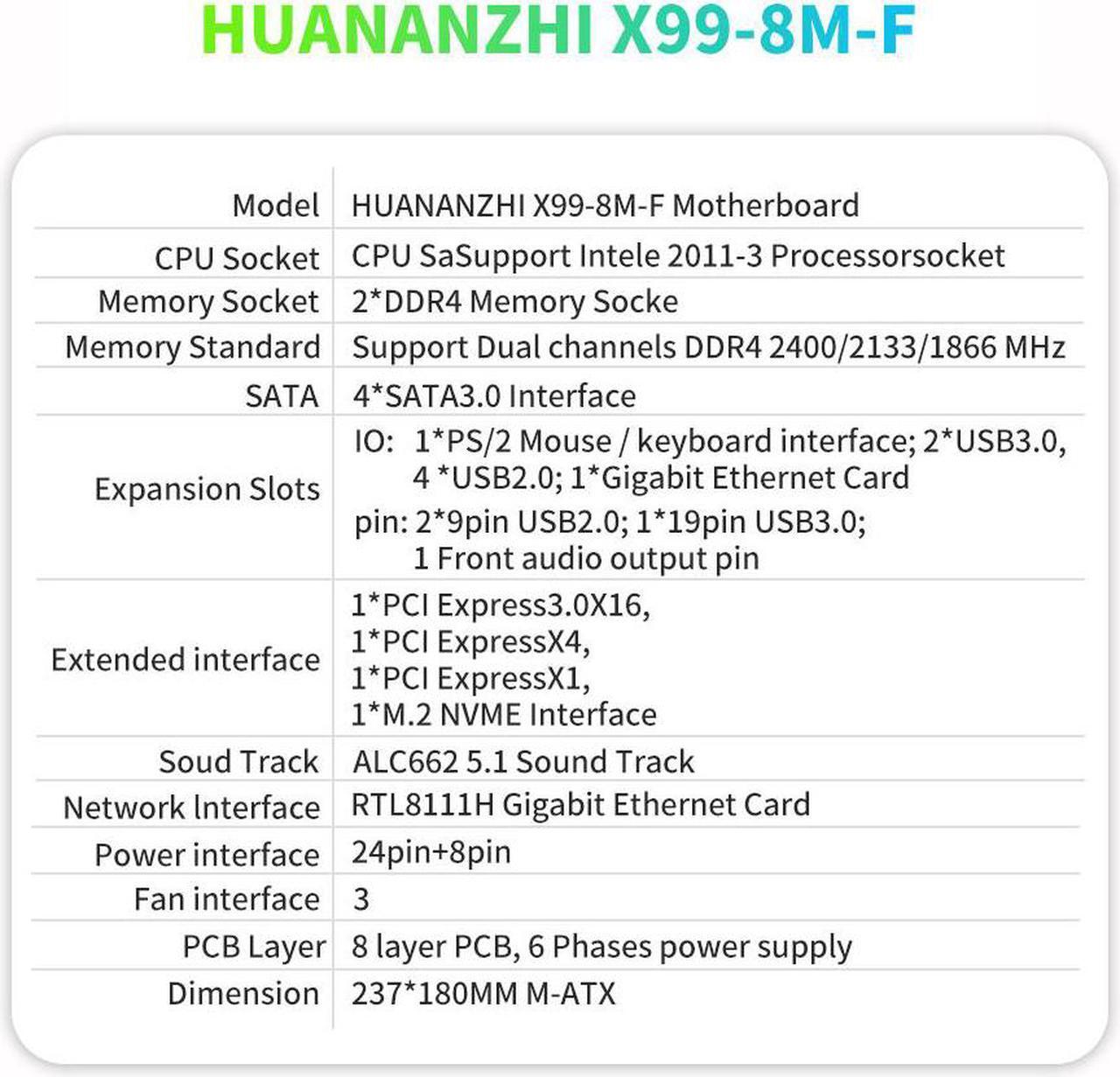 Alt view image 3 of 7 - HUANANZHI X99 8M F X99 Motherboard with Intel XEON E5 2620 V3 with 1*8G DDR4 NON-ECC memory combo kit set