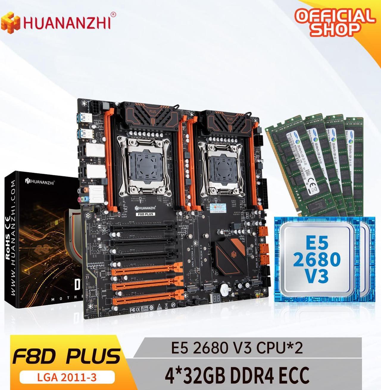 HUANANZHI X99 F8D PLUS LGA 2011-3 XEON X99 Motherboard with Intel E5 2680 V3*2 with 4*32G DDR4 RECC Memory combo kit set