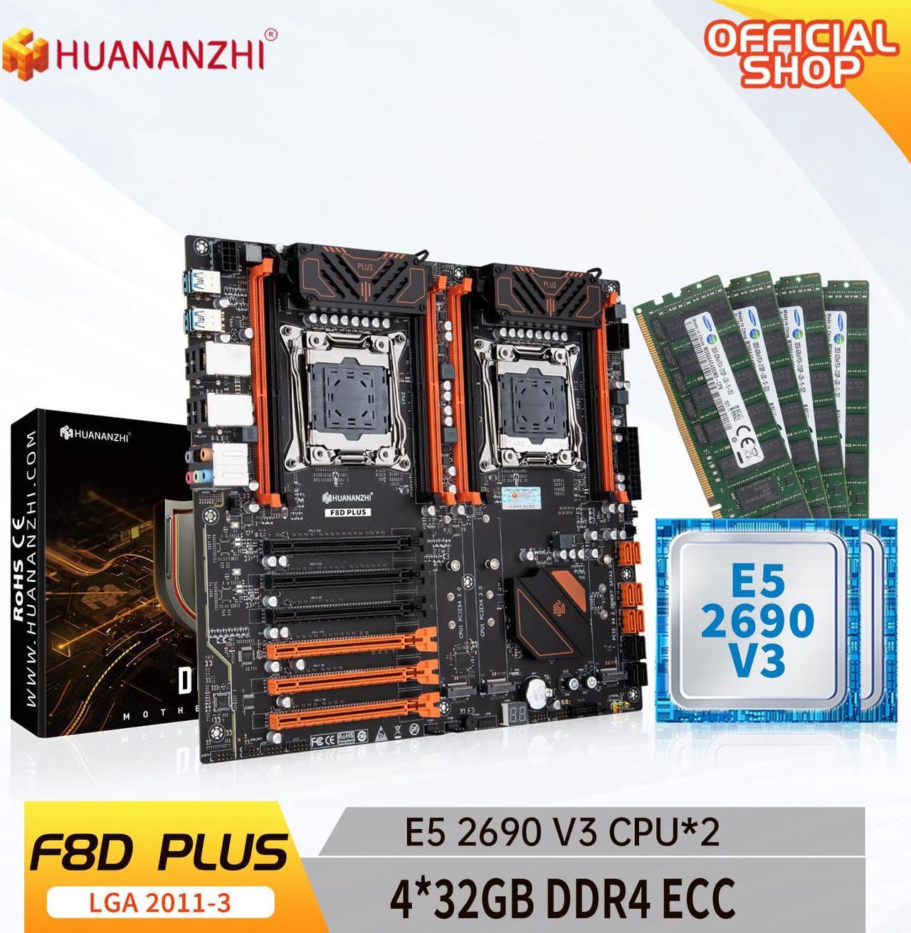 HUANANZHI X99 F8D PLUS LGA 2011-3 XEON X99 Motherboard with Intel E5 2690 V3*2 with 4*32G DDR4 RECC memory combo kit set