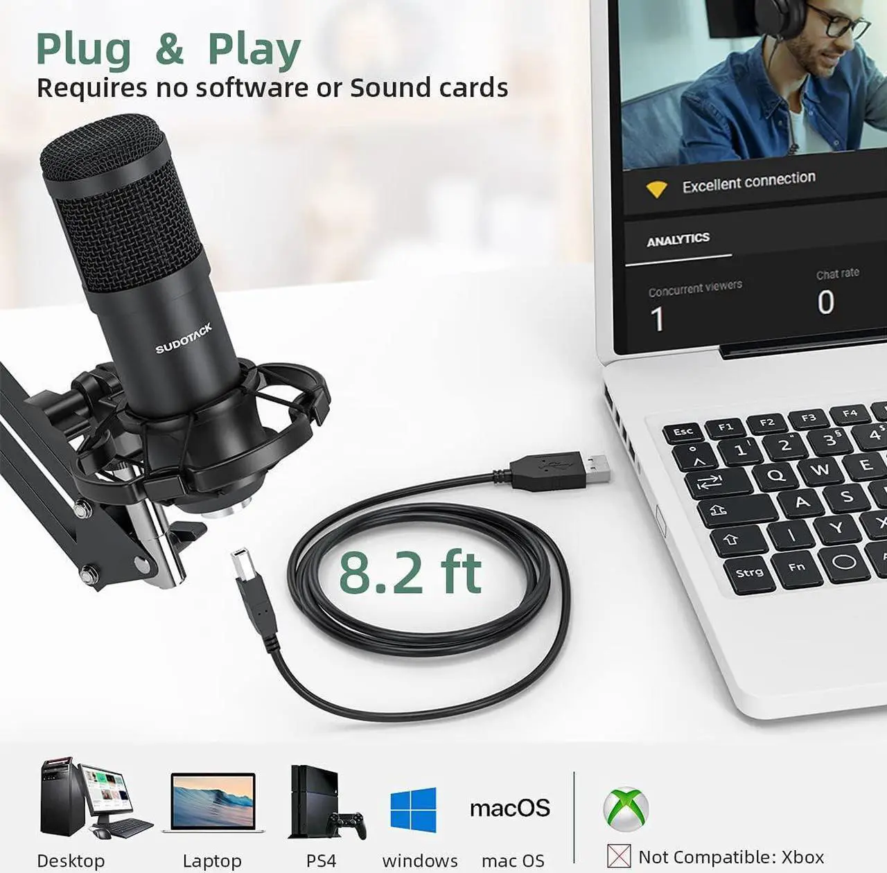 Alt view image 5 of 7 - USB Streaming Podcast PC Microphone, Professional 192KHZ/24Bit Studio Cardioid Condenser Mic Kit with Sound Card Boom Arm Shock Mount Pop Filter, for Skype Youtuber Karaoke Gaming Recording