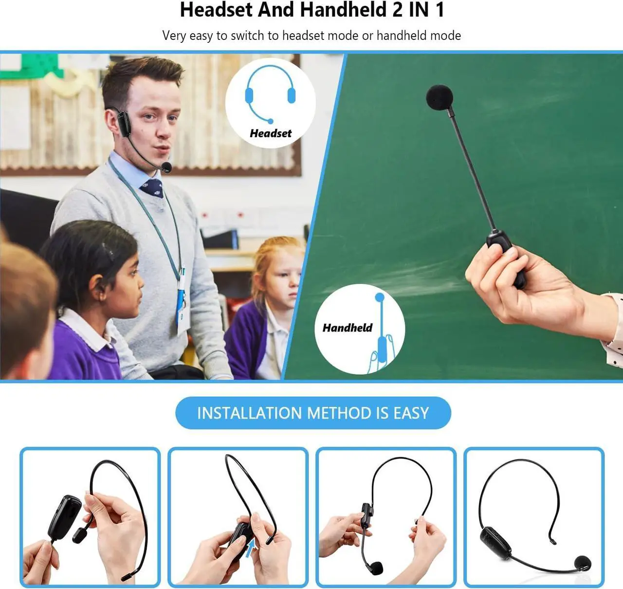 Alt view image 5 of 7 - Bietrun Wireless Microphone Headset, UHF Wireless Headset Mic System, 160ft Range,1/8'' and 1/4'' Plug, for Speakers, Voice Amplifier, PA System(Not Supported AUX/iOS)