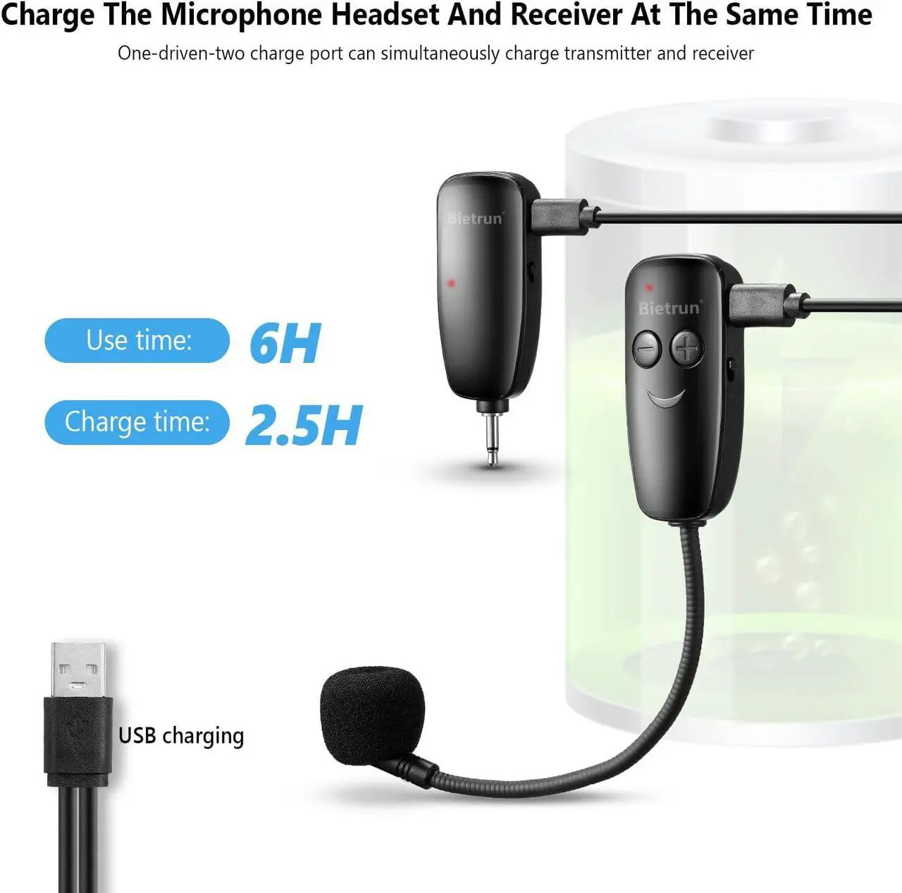 Alt view image 4 of 7 - Bietrun Wireless Microphone Headset, UHF Wireless Headset Mic System, 160ft Range,1/8'' and 1/4'' Plug, for Speakers, Voice Amplifier, PA System(Not Supported AUX/iOS)