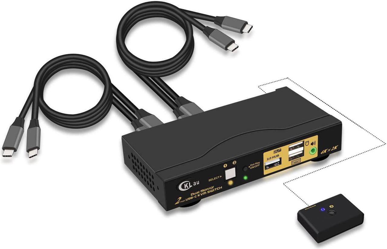 CKLau 4K@60Hz 2 Port USB C KVM Switch Dual Monitor, USB-C KVM Switch 2 Monitors with Audio, USB 2.0 Hub and Cables