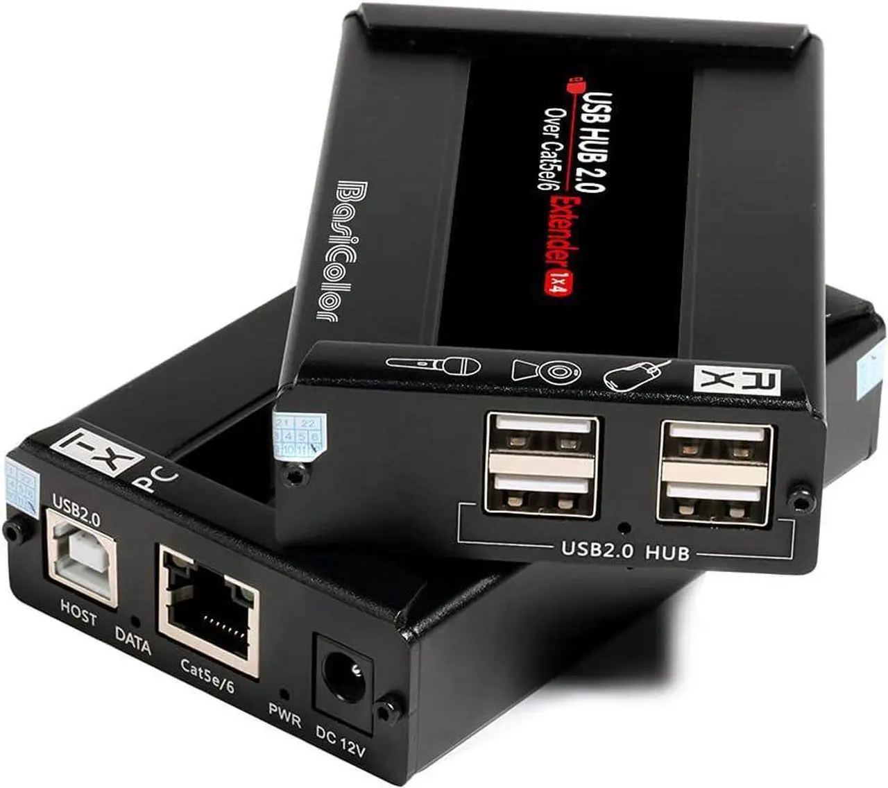 Main image of Basicolor USB Extender 262ft(80m) Kit with 4 USB 2.0 Hub, USB Over Ethernet Cat5e/6/7 Extension, USB RJ45 Extender Support All Operating System, Plug&Play, Two Web Cameras Work Synchronously.