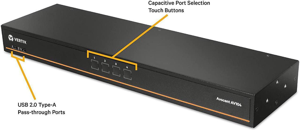 Alt view image 2 of 6 - Vertiv Avocent 1x4 Rackmount or Desktop, Single-User KVM Switch with USB, Touch Button and Hotkey Switching, Cascade Support and Internal Power Supply, Ideal for Small Data Centers (AV104-400)
