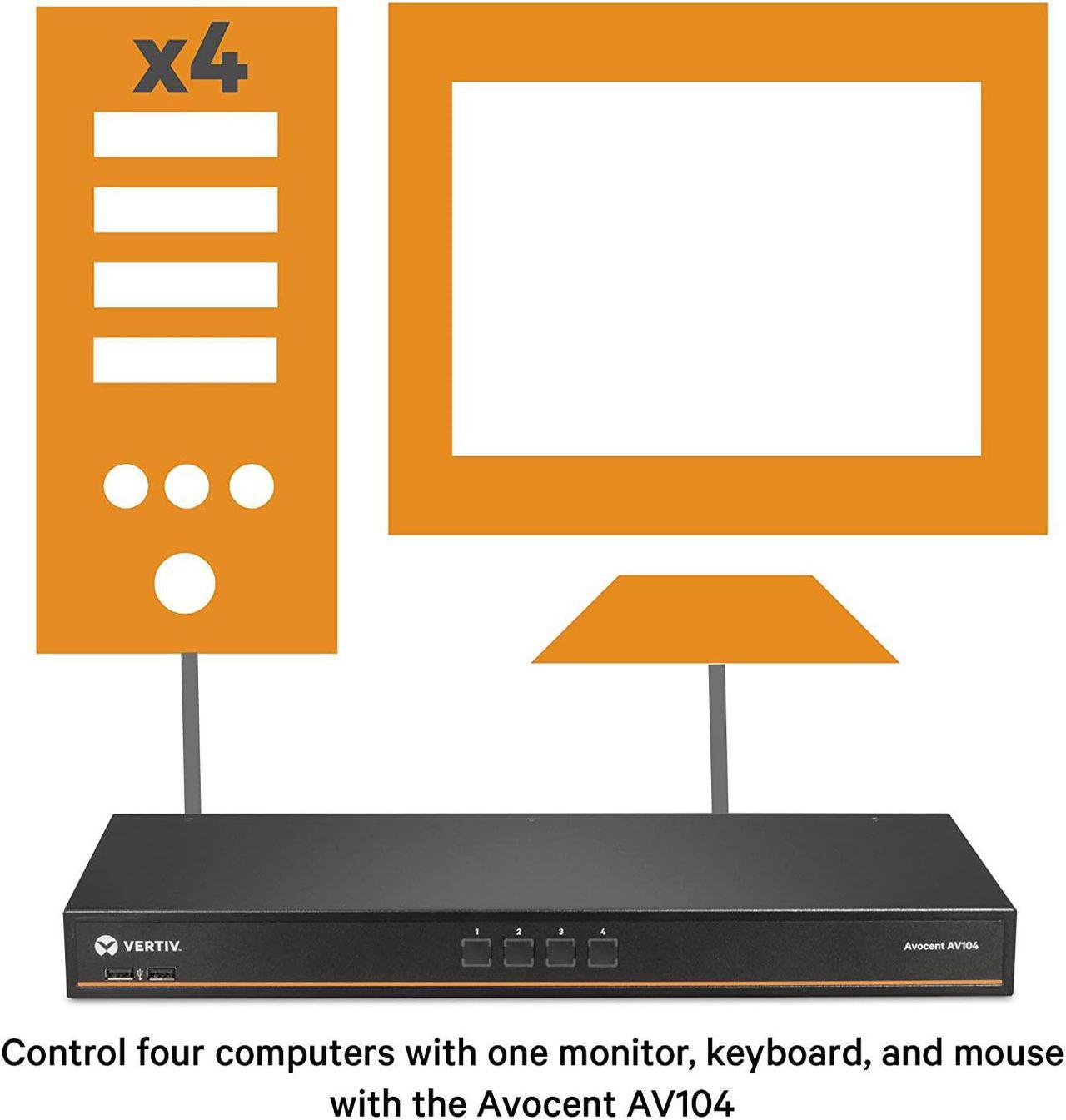 Alt view image 6 of 6 - Vertiv Avocent 1x4 Rackmount or Desktop, Single-User KVM Switch with USB, Touch Button and Hotkey Switching, Cascade Support and Internal Power Supply, Ideal for Small Data Centers (AV104-400)