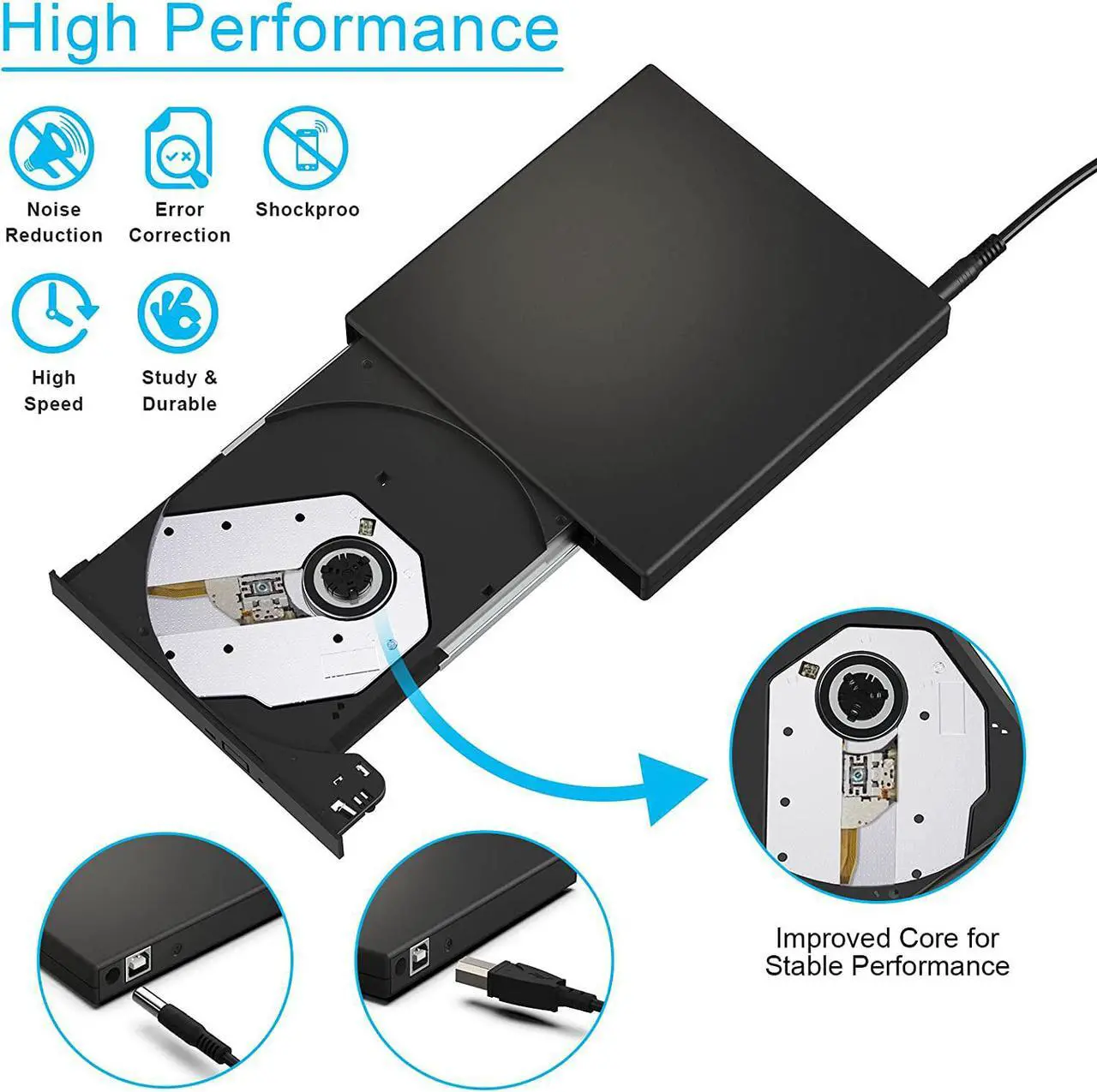 Alt view image 3 of 4 - External CD DVD Drive, USB 2.0 Slim Protable External CD-RW Drive DVD-RW Burner Writer Player for Laptop Notebook PC Desktop Computer, Black