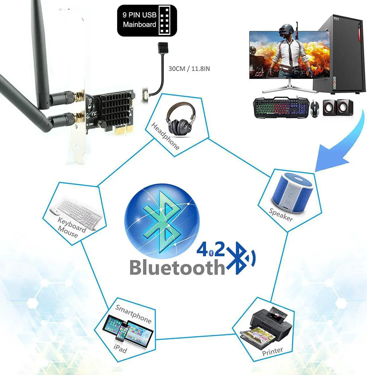 Alt view image 4 of 7 - Ubit AC1200 PCIe WiFi Card for PC with BT 4.2 | Dual Band Wireless Network Adapter WiFi Card with Heat Sink Technology | for Gaming, Browsing, Streaming etc