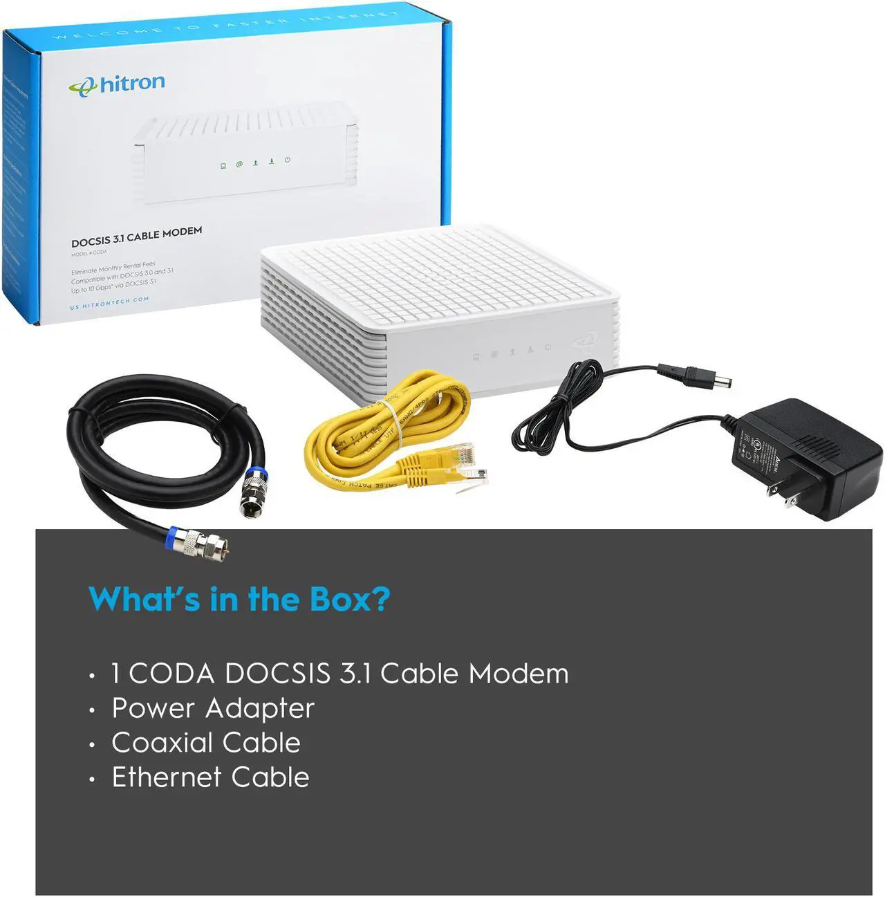 Alt view image 2 of 8 - Hitron DOCSIS 3.1 Cable Modem (DOCSIS 3.1 Modem), 6 Gbps Max Speed | Approved for Comcast Xfinity Gigabit and Charter Spectrum | White (1 Gbps Ethernet Port)| CODA