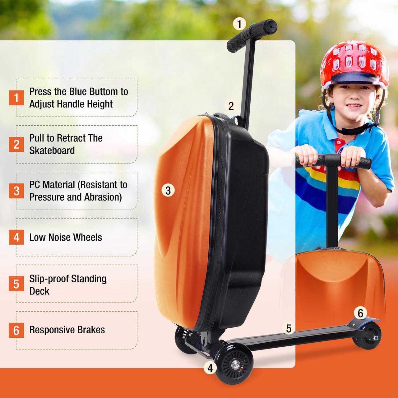 Alt view image 5 of 7 - Fridtrip Scooter Hardshell Ride On Luggage for Kids and Adults,Multifunctional 2-in-1 Lightweight Carry On Foldable Suitcase Orange