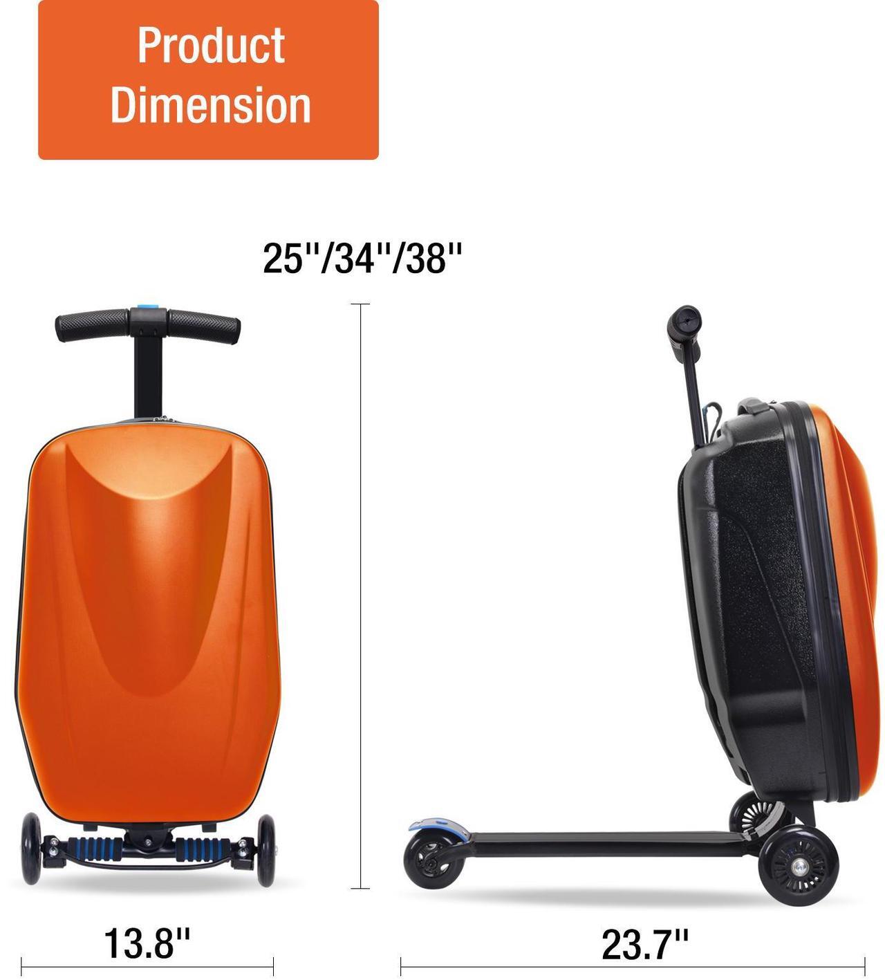 Alt view image 7 of 7 - Fridtrip Scooter Hardshell Ride On Luggage for Kids and Adults,Multifunctional 2-in-1 Lightweight Carry On Foldable Suitcase Orange