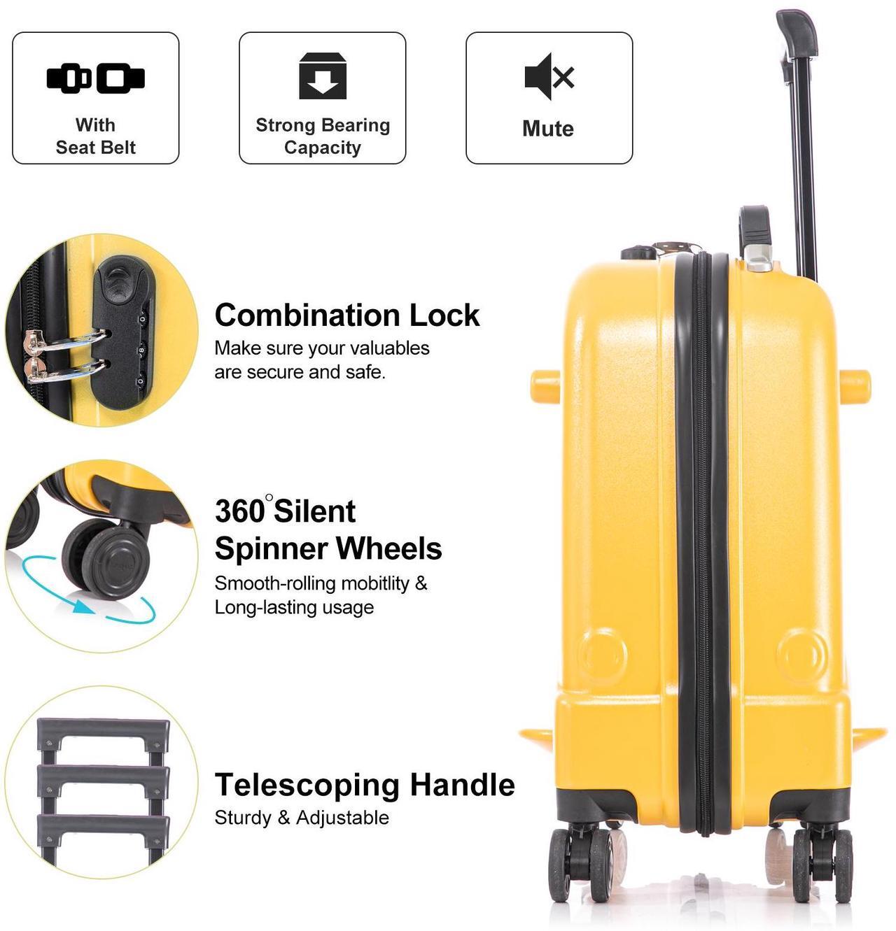 Alt view image 3 of 7 - Apelila 22 inch Ride on Suitcase for Kids Travel Trolley Luggage with Spinner Wheels for Child with Combination Lock/Safety Belt/Telescoping Handle