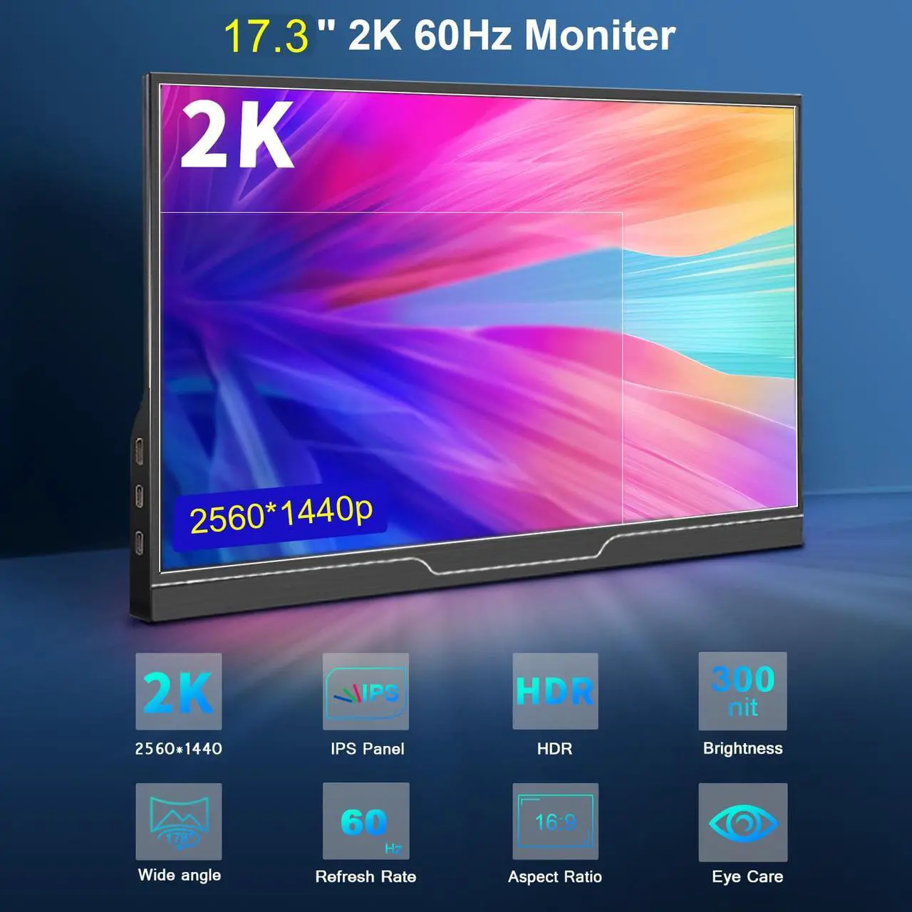Alt view image 3 of 6 - 17.3 inch 2K Portable Monitor Ultra - Dual USB Type-C Monitor,Mini HDMI,PS4/Switch/PC/Mac/Full Feature Type c Phone Compatible,FHD/HDR/2560 x1440,Built-in Speaker,IPS LCD Panel WQHD 16:9