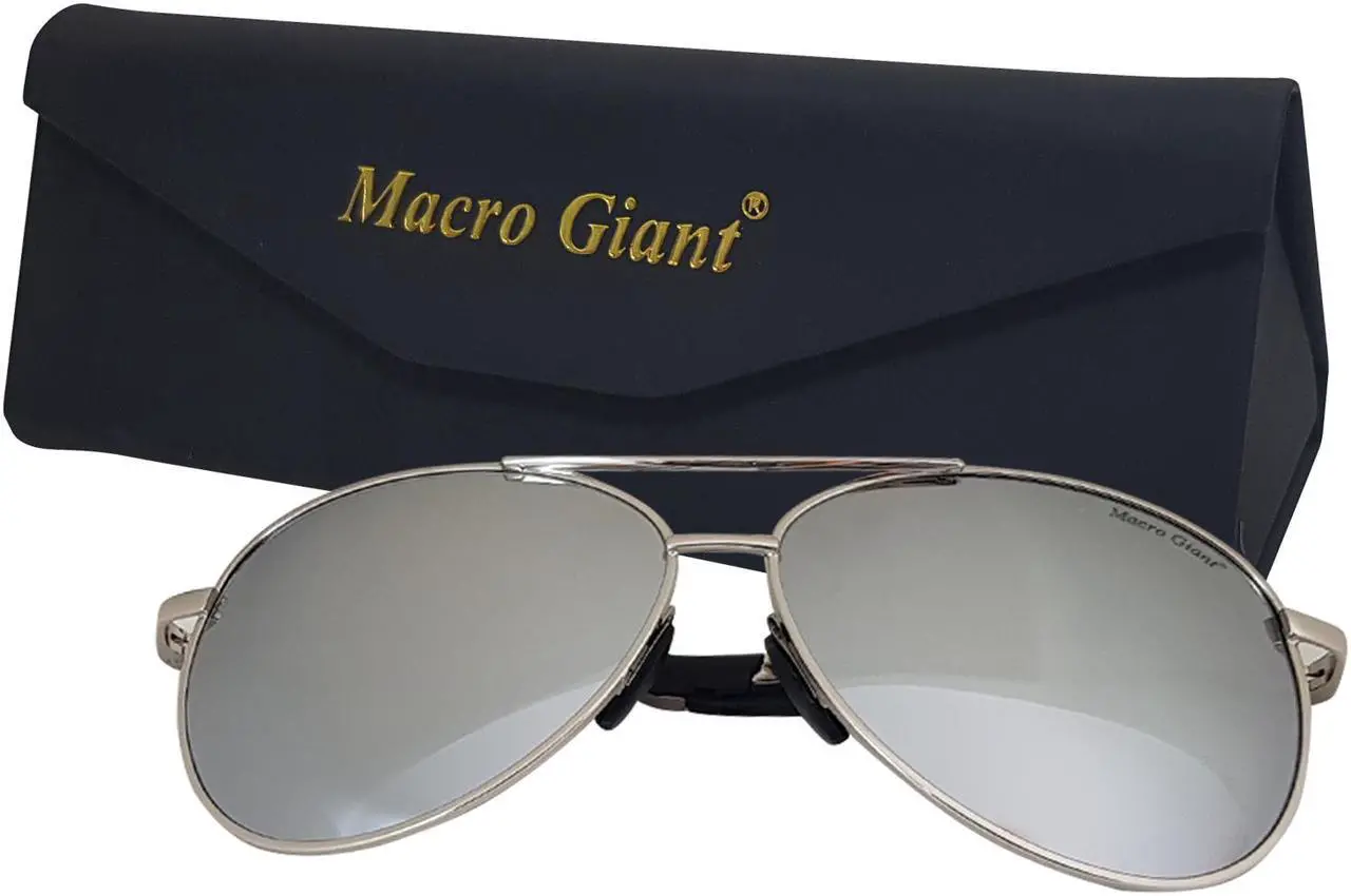 Alt view image 3 of 6 - Macro Giant Classic Drop Shape Sunglasses, Silver Frame, Mirror Silver Lens, Polarized, 100% UV Protection, UV 400 With Case, Military Style, Al-Mg