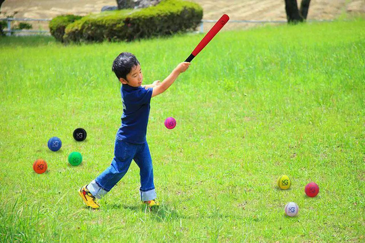 Alt view image 2 of 7 - Macro Giant 24 Inch T Ball, Tee Ball, T-Ball Set, 1 Red Foam Bat, 8 PU Foam Baseballs, Assorted Colors, Training, Youth Batting Trainer Beginner, School Playground, Kid Gift