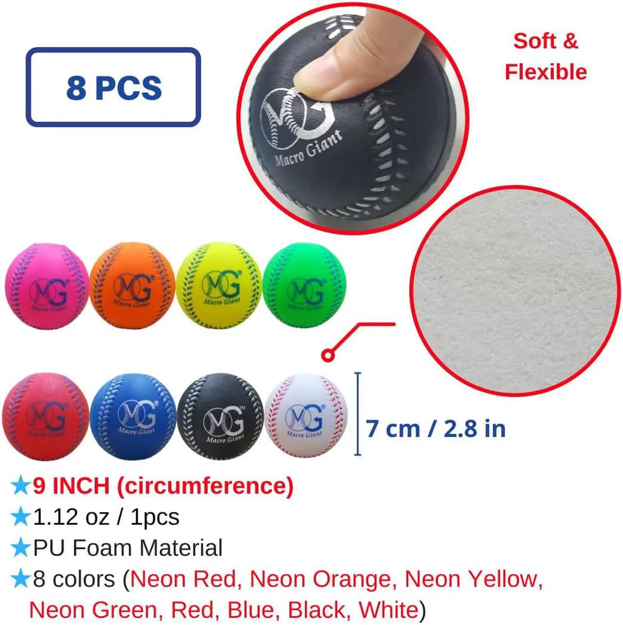 Alt view image 4 of 7 - Macro Giant 24 Inch T Ball, Tee Ball, T-Ball Set, 1 Red Foam Bat, 8 PU Foam Baseballs, Assorted Colors, Training, Youth Batting Trainer Beginner, School Playground, Kid Gift