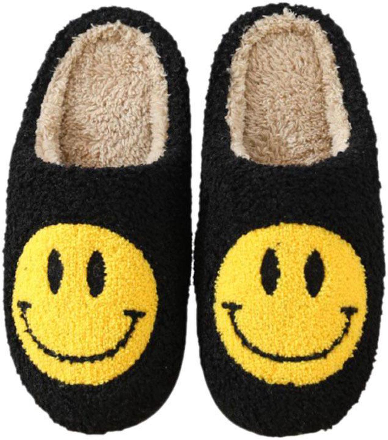 Main image of Smiley Face Slippers for Women - Black - Soft Plush Fluffy Upper provides you a Super Cozy and Comfortable Slipper with Rubber Sole so they dont get Wet