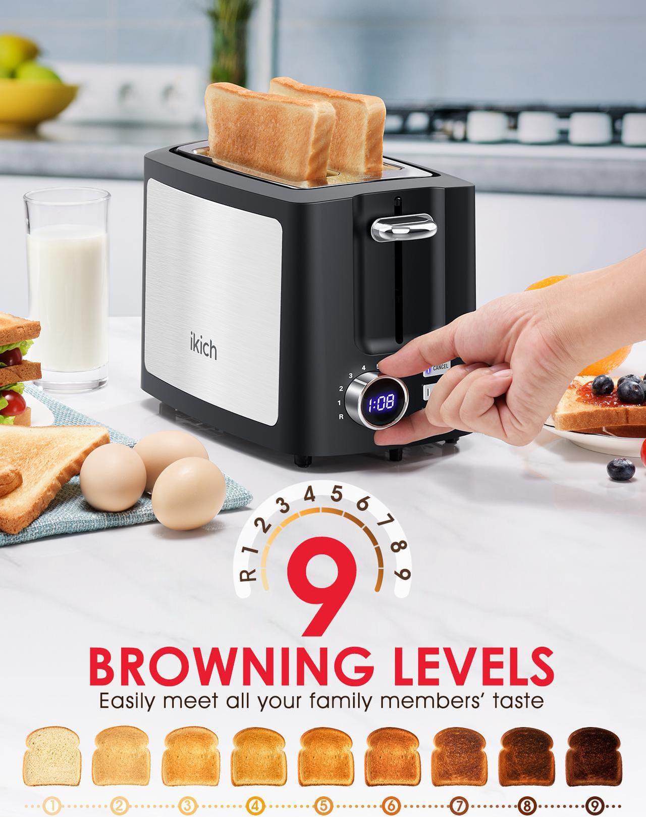 Alt view image 4 of 7 - IKICH Toaster, 2 Slice Extra Wide Slot Toaster with 9 Bread Shade Settings Reheat, Bagel, Cancel, Defrost Function Removable Crumb Tray Stainless Steel Bread Toaster
