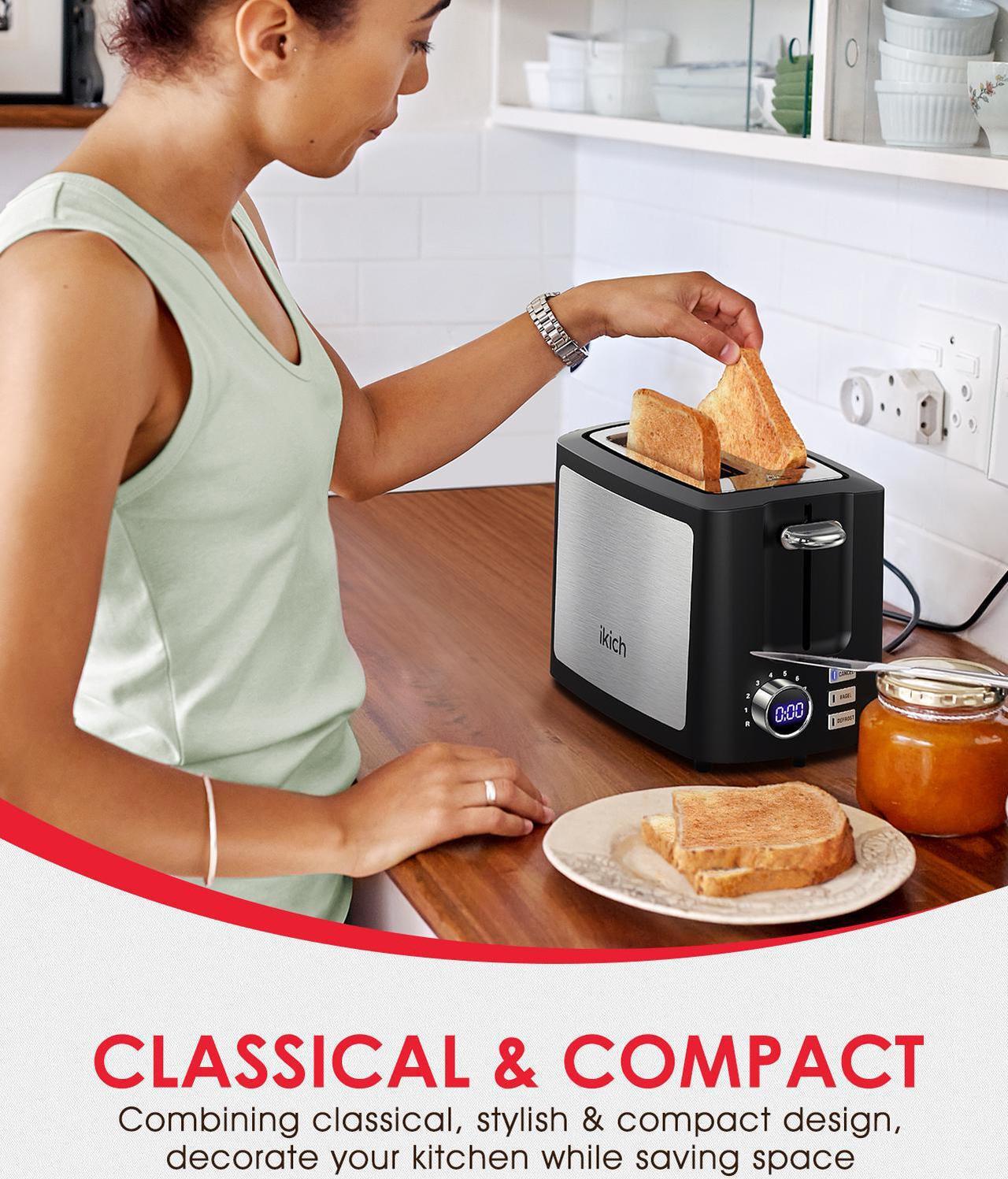 Alt view image 5 of 7 - IKICH Toaster, 2 Slice Extra Wide Slot Toaster with 9 Bread Shade Settings Reheat, Bagel, Cancel, Defrost Function Removable Crumb Tray Stainless Steel Bread Toaster