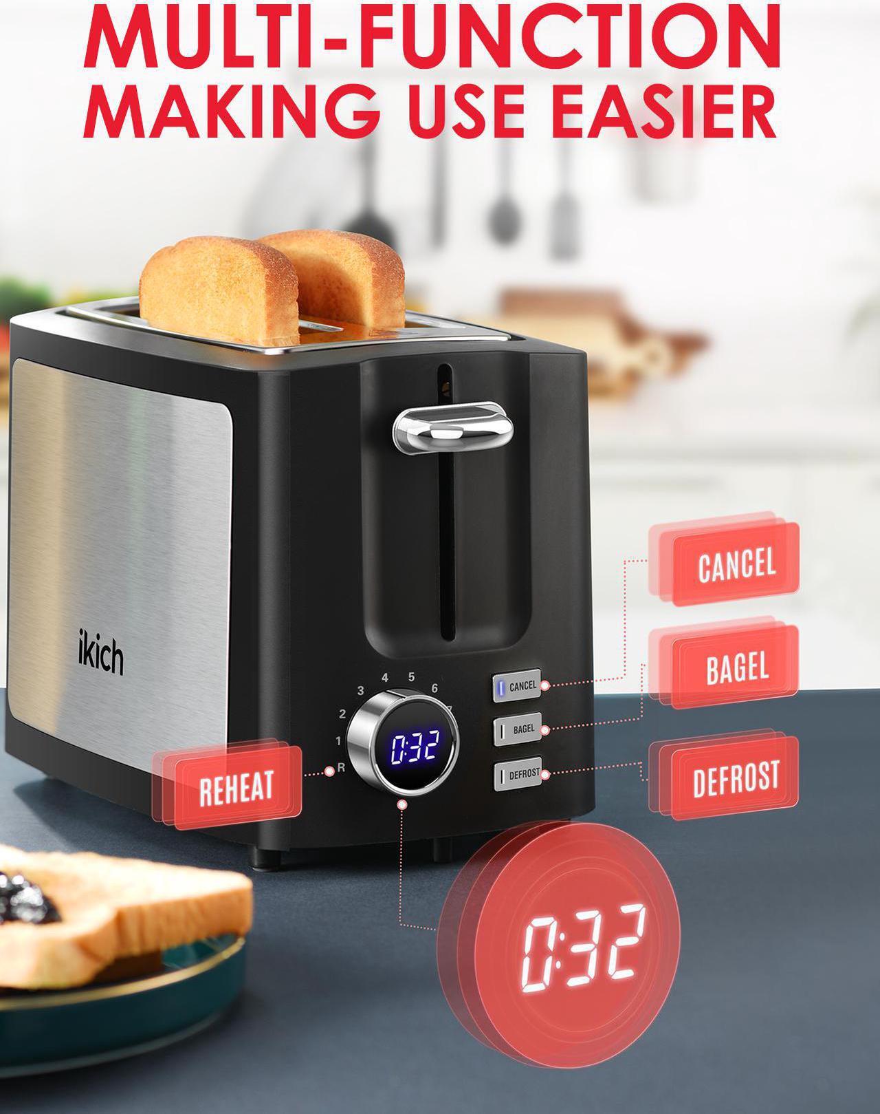 Alt view image 2 of 7 - IKICH Toaster, 2 Slice Extra Wide Slot Toaster with 9 Bread Shade Settings Reheat, Bagel, Cancel, Defrost Function Removable Crumb Tray Stainless Steel Bread Toaster
