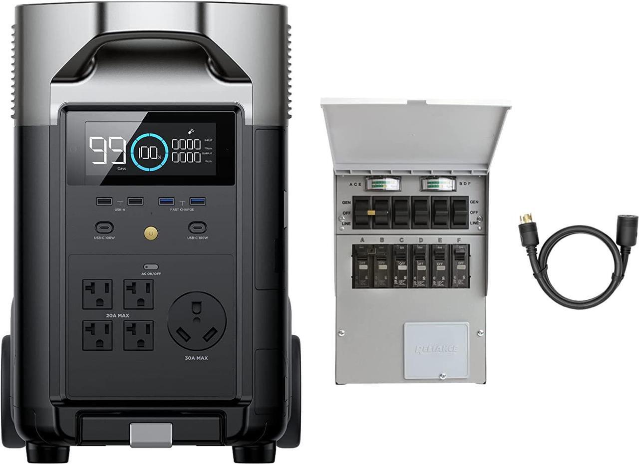Main image of ECOFLOW 120V Home Battery Backup: Portable Power Station 3600Wh DELTA Pro+Transfer Switch+Adapter Cord, 5 AC Outlets, 3600-4500W, Solar Generator for Home Use, Blackout, Camping, RV