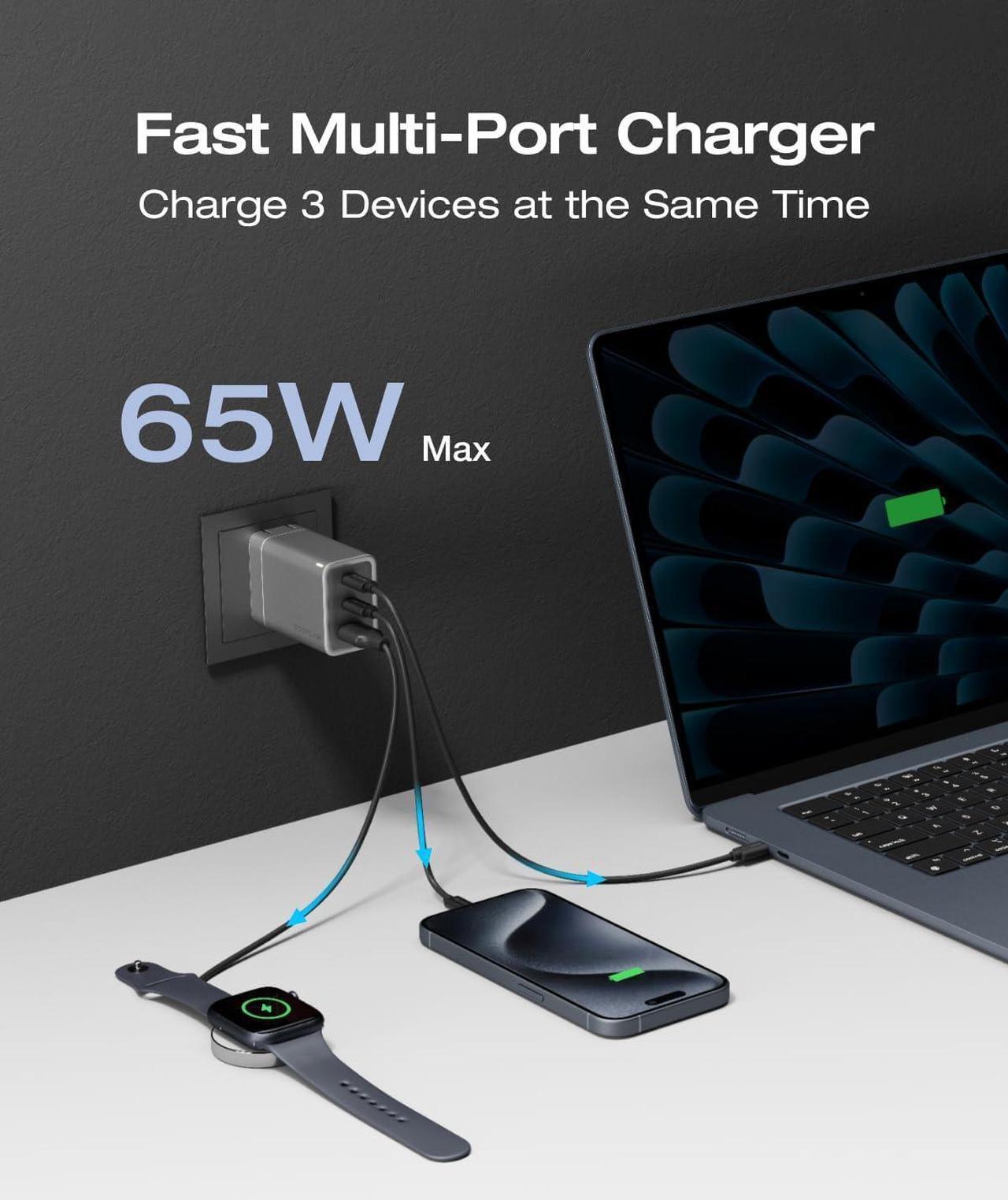 Alt view image 2 of 7 - EcoFlow USB C Charger, Rapid 65W GaN Type C Charging Block with Foldable Plug, Fast Wall Charger Compatible with iPhone 15/14/13, Galaxy, Pixel 4, iPad, AirPods, Apple Watch (USBC Cable Included)