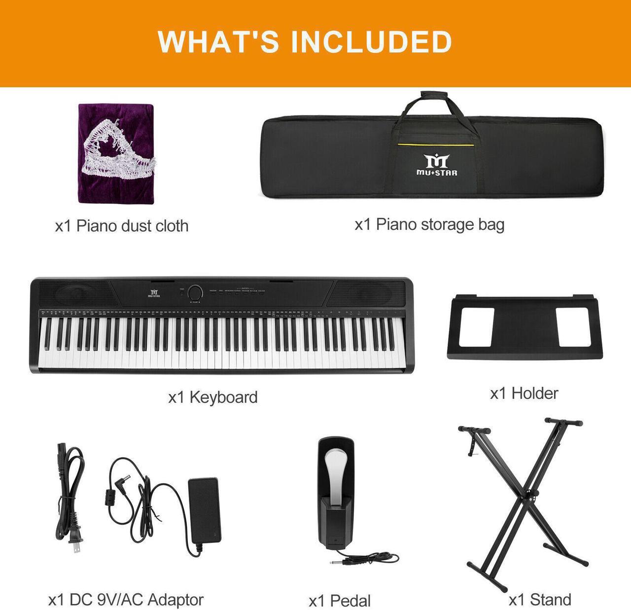 Alt view image 7 of 7 - Mustar 88-Key Semi Weighted Digital Piano Electronic Keyboard, Semi Weighted Keys, Stand, Storage Bag, Sustain Pedal, Power Supply, MIDI USB (Black)