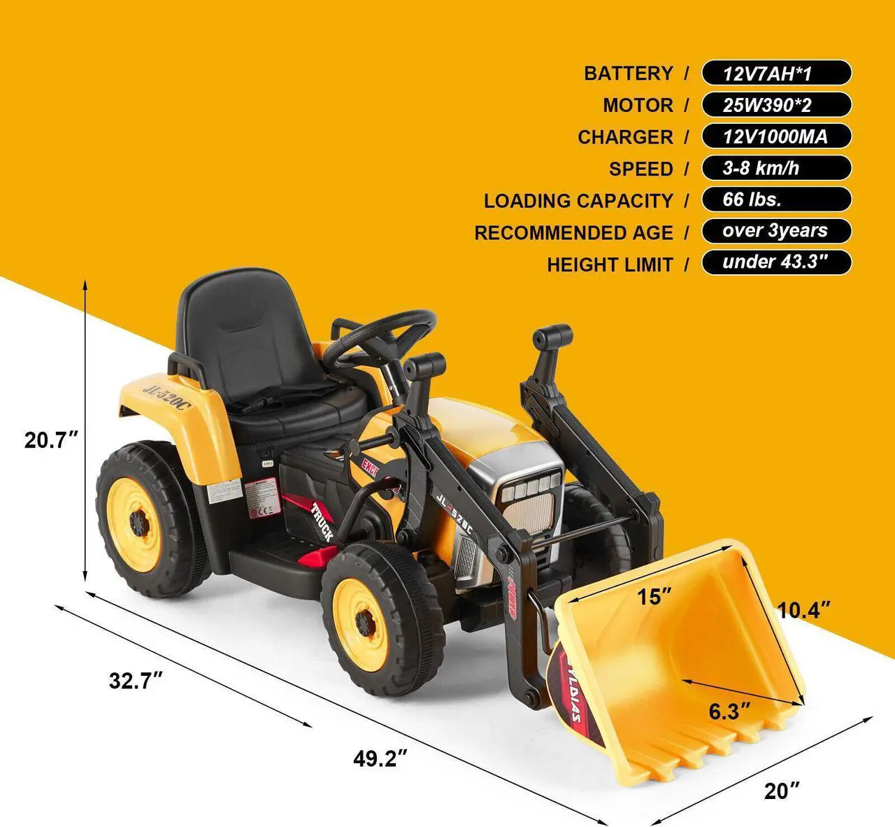 Alt view image 2 of 6 - JOYLDIAS 12V Kids Ride On Excavator 3 Speeds Electric Construction Vehicle Digger with Remote Control, Bluetooth, Microphone Jack, Music, Lights (Yellow)