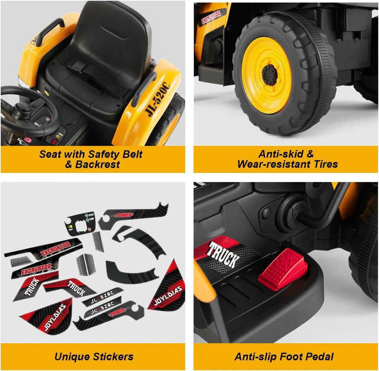 Alt view image 6 of 6 - JOYLDIAS 12V Kids Ride On Excavator 3 Speeds Electric Construction Vehicle Digger with Remote Control, Bluetooth, Microphone Jack, Music, Lights (Yellow)