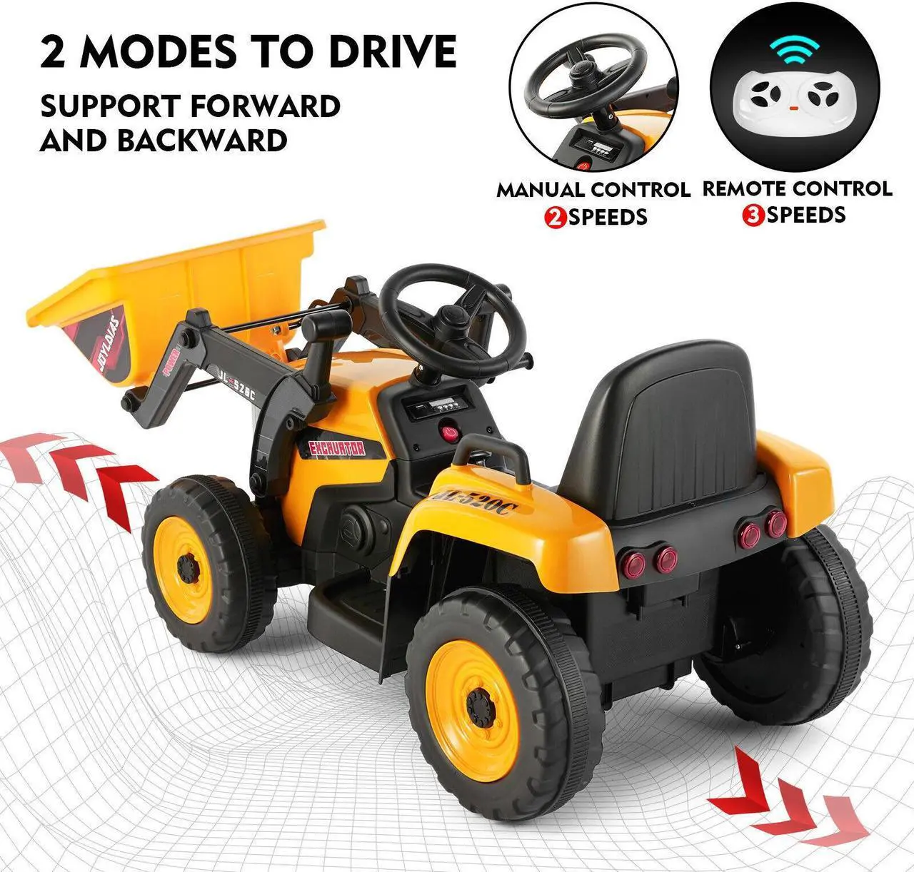 Alt view image 4 of 6 - JOYLDIAS 12V Kids Ride On Excavator 3 Speeds Electric Construction Vehicle Digger with Remote Control, Bluetooth, Microphone Jack, Music, Lights (Yellow)