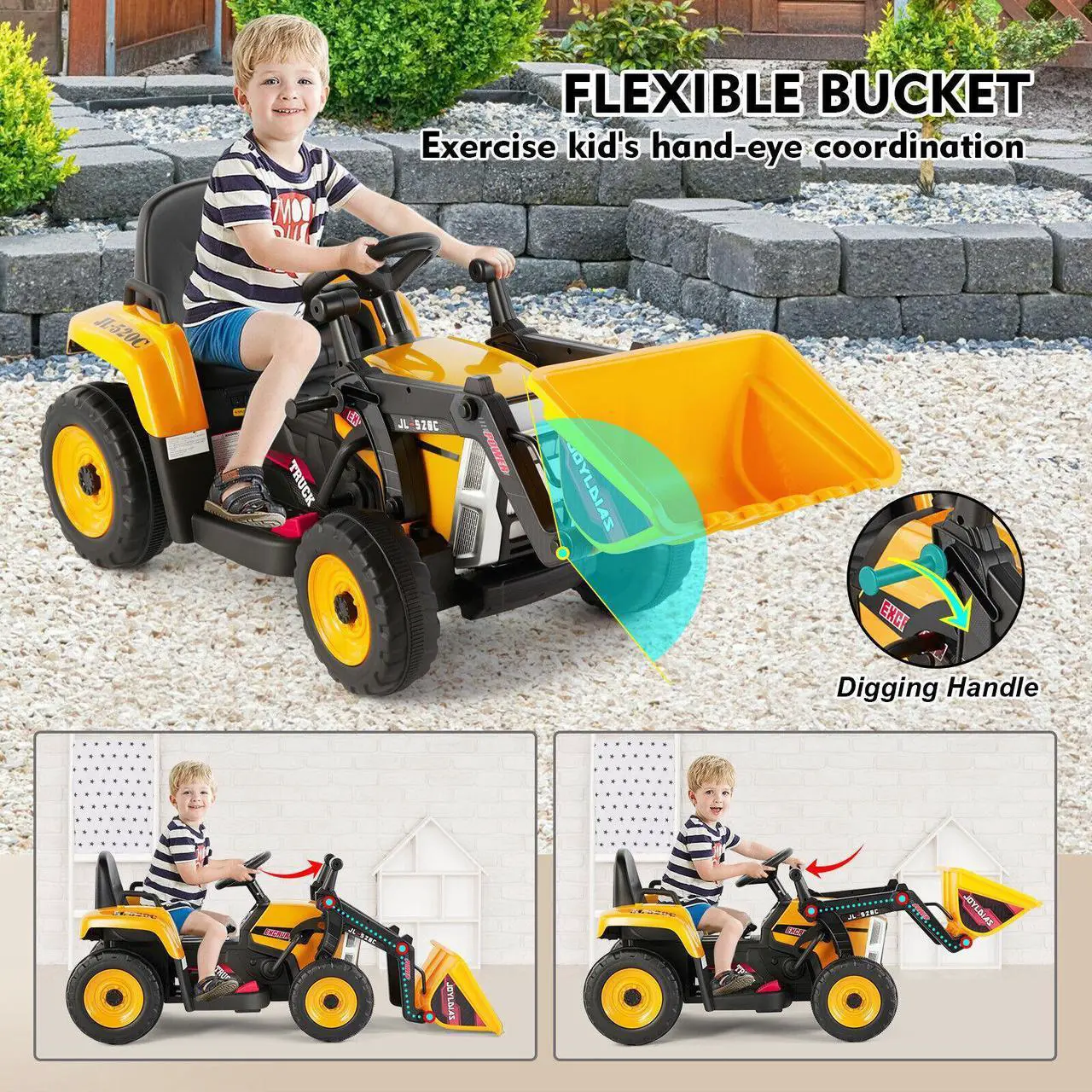 Alt view image 3 of 6 - JOYLDIAS 12V Kids Ride On Excavator 3 Speeds Electric Construction Vehicle Digger with Remote Control, Bluetooth, Microphone Jack, Music, Lights (Yellow)
