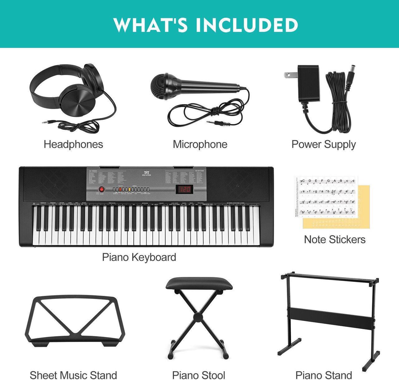 Alt view image 7 of 7 - Mustar 61 Lighted Keys Keyboard Piano for Beginners, Electric Piano Keyboard with Bench, Piano Stand, Headphones, Microphone, Note Stickers, Built-in Speakers