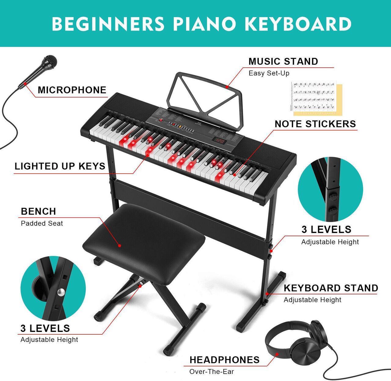 Alt view image 4 of 7 - Mustar 61 Lighted Keys Keyboard Piano for Beginners, Electric Piano Keyboard with Bench, Piano Stand, Headphones, Microphone, Note Stickers, Built-in Speakers