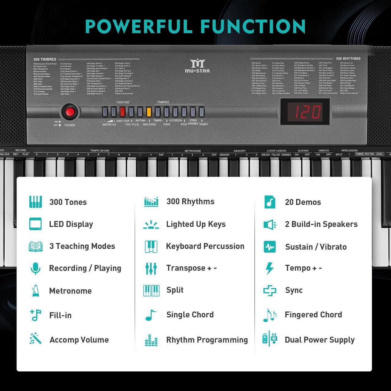 Alt view image 5 of 7 - Mustar 61 Lighted Keys Keyboard Piano for Beginners, Electric Piano Keyboard with Bench, Piano Stand, Headphones, Microphone, Note Stickers, Built-in Speakers