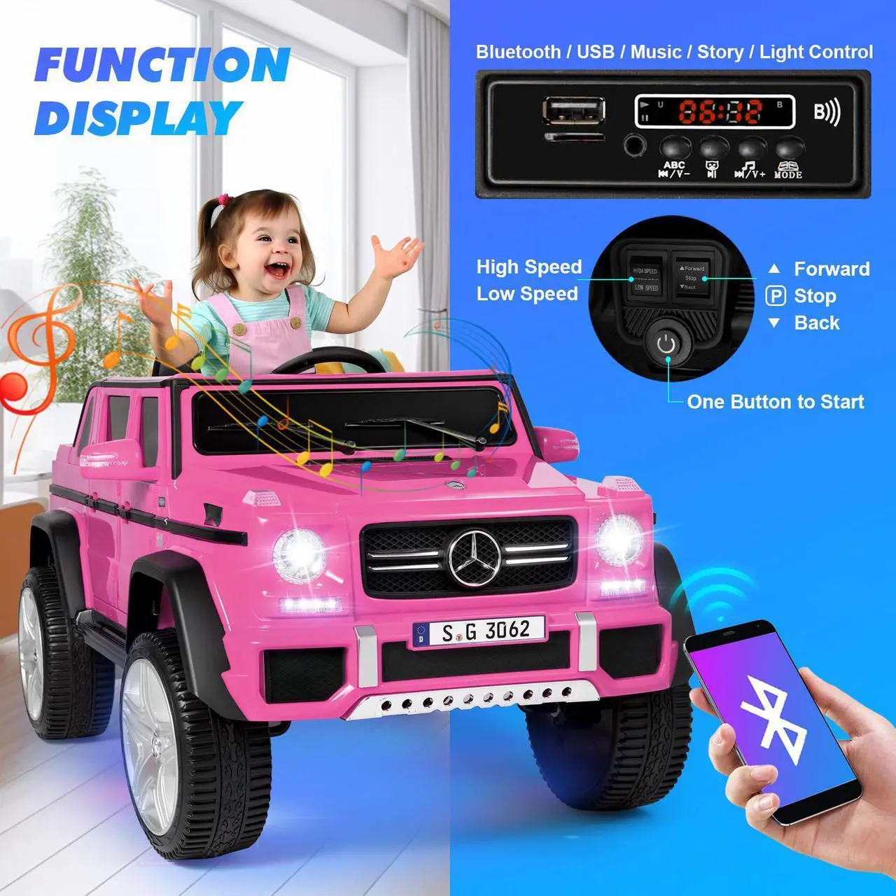 Alt view image 7 of 7 - JOYLDIAS 12V Kids Ride on Car 3 Speeds Licensed Mercedes-Benz Electric Toy with Bluetooth, Remote Control, LED Light (Pink)
