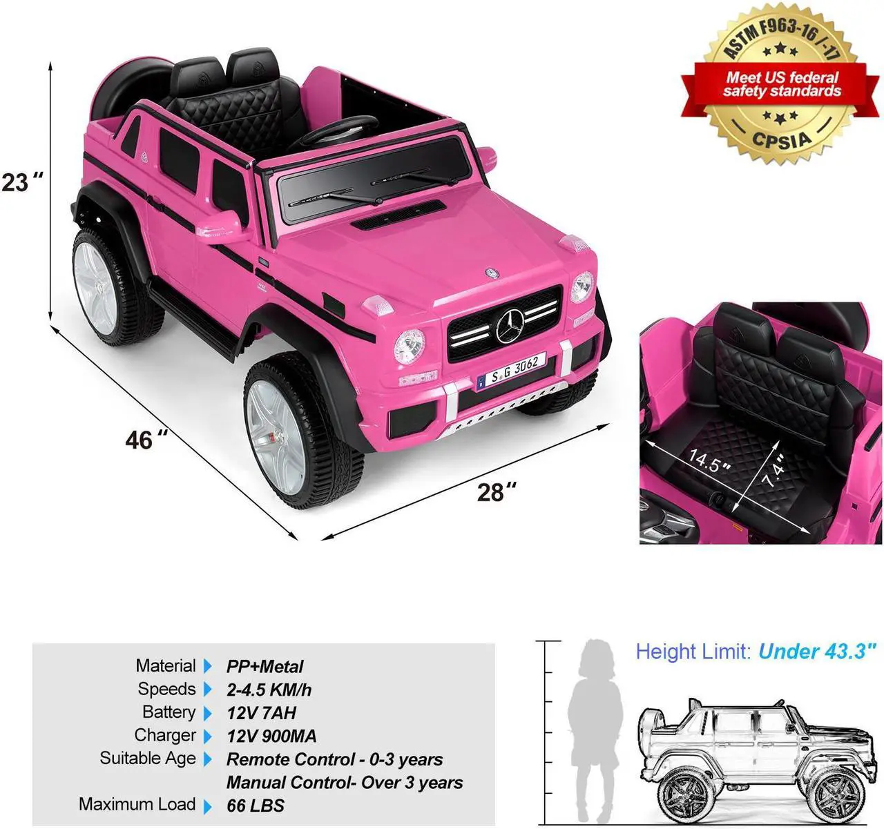 Alt view image 2 of 7 - JOYLDIAS 12V Kids Ride on Car 3 Speeds Licensed Mercedes-Benz Electric Toy with Bluetooth, Remote Control, LED Light (Pink)
