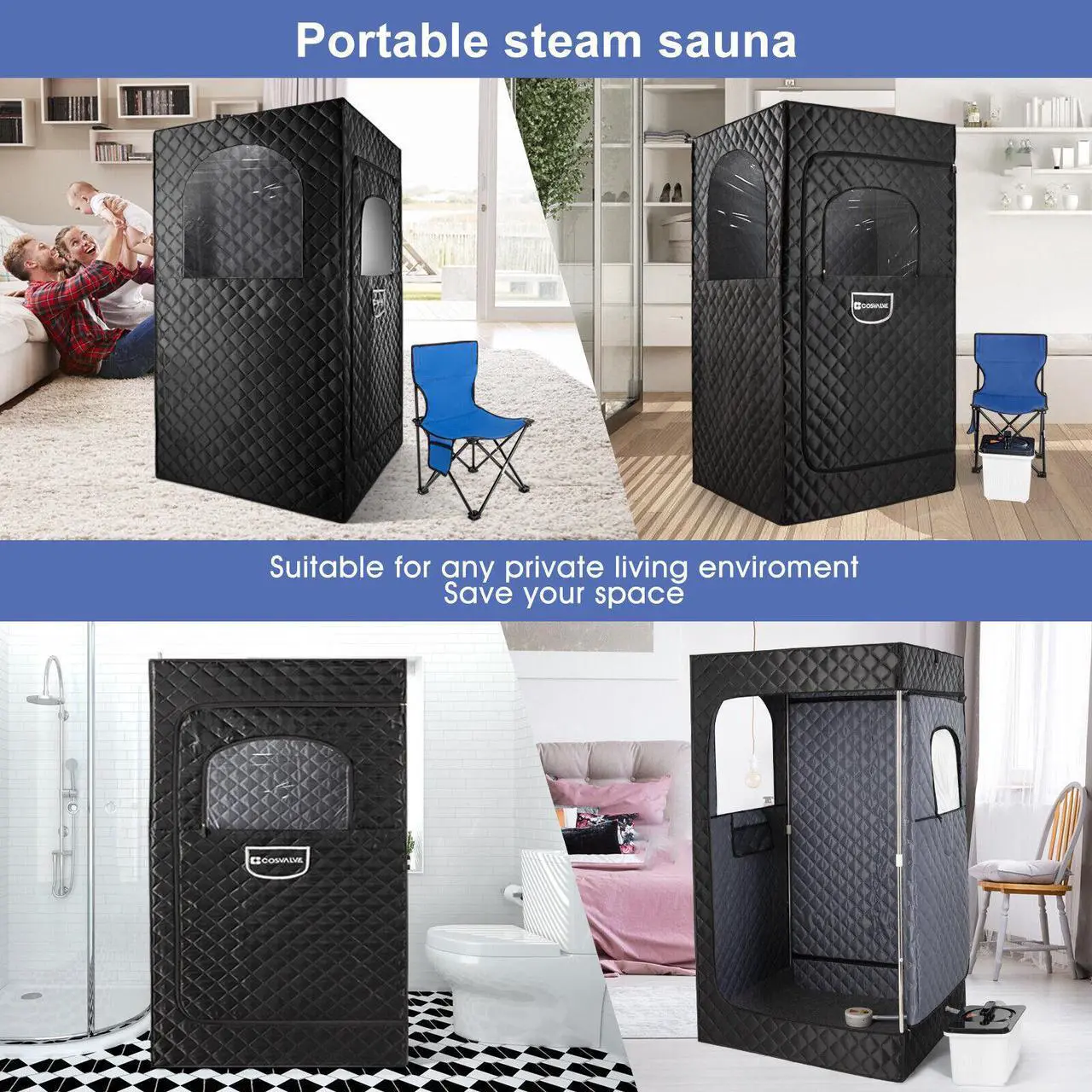 Alt view image 2 of 4 - COSVALVE Full Size Portable Steam Sauna Kit, Personal Sauna Tent for Home Spa,4L & 1500W Steam Generator,Remote Control,Timer, Hook,Indoor Steam Room for Relaxation(Super Size 35.45L*35.45W*70.87''H)
