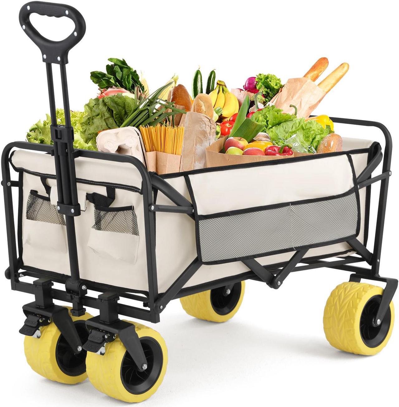 Main image of COSVALVE Wagons Cart Foldable, Heavy Duty Utility Collapsible Folding Wagon Grocery Cart w/All Terrain Wheels, Side Pocket, Cup Holders and Brakes for Shopping, Sports, Camping, Beach and Garden