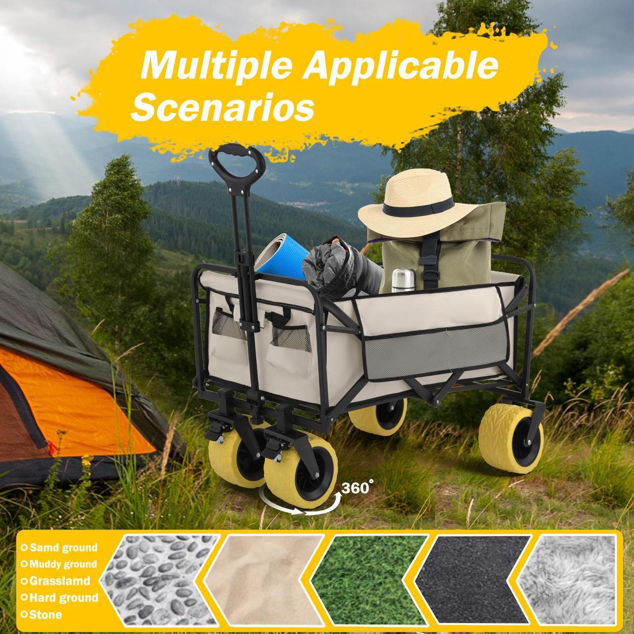 Alt view image 7 of 7 - COSVALVE Wagons Cart Foldable, Heavy Duty Utility Collapsible Folding Wagon Grocery Cart w/All Terrain Wheels, Side Pocket, Cup Holders and Brakes for Shopping, Sports, Camping, Beach and Garden