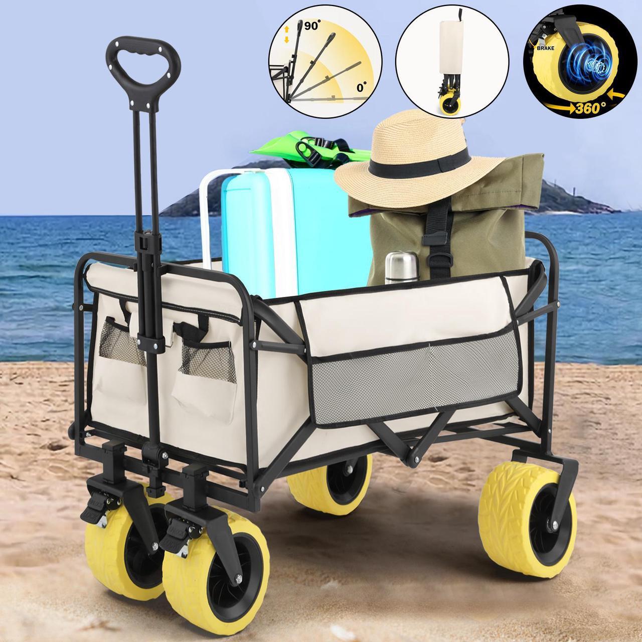 Alt view image 5 of 7 - COSVALVE Wagons Cart Foldable, Heavy Duty Utility Collapsible Folding Wagon Grocery Cart w/All Terrain Wheels, Side Pocket, Cup Holders and Brakes for Shopping, Sports, Camping, Beach and Garden