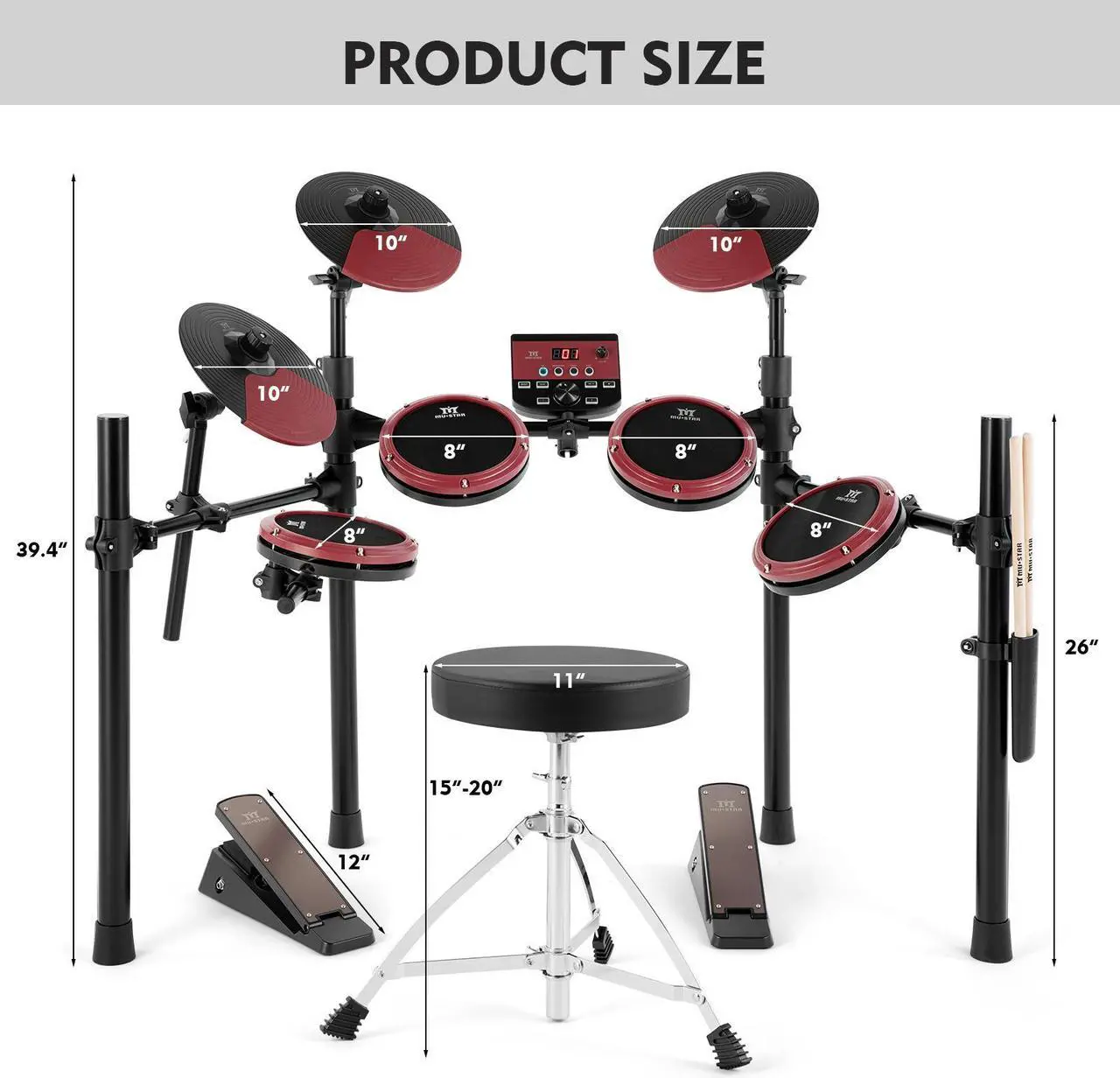 Alt view image 4 of 6 - MUSTAR Electronic Drum Set, Electric Drum Sets for Beginners with 8" Mesh Drum Pads, 10" Cymbals, Kick Pedal, Drum Stool, Drum Sticks, USB MIDI Connectivity, 180 Sounds & 15 Kits (4 Pads, 3 Cymbals)