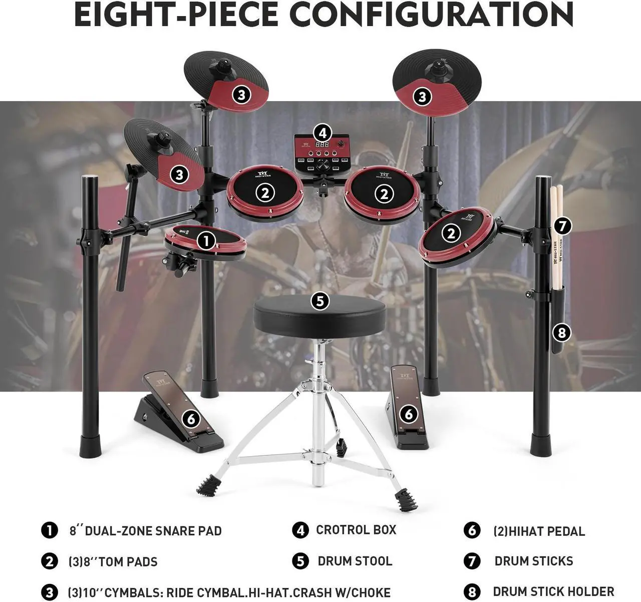 Alt view image 2 of 6 - MUSTAR Electronic Drum Set, Electric Drum Sets for Beginners with 8" Mesh Drum Pads, 10" Cymbals, Kick Pedal, Drum Stool, Drum Sticks, USB MIDI Connectivity, 180 Sounds & 15 Kits (4 Pads, 3 Cymbals)