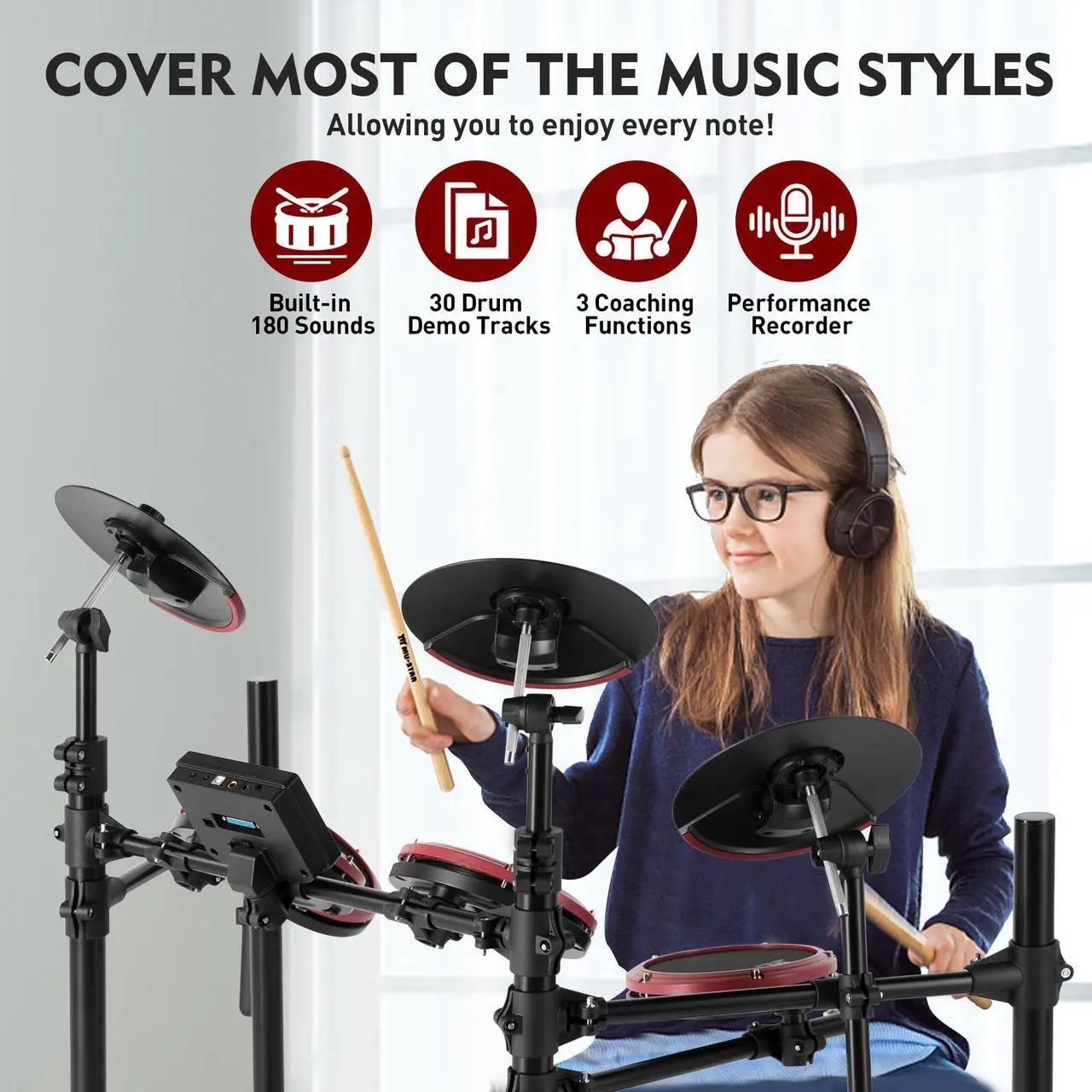 Alt view image 5 of 6 - MUSTAR Electronic Drum Set, Electric Drum Sets for Beginners with 8" Mesh Drum Pads, 10" Cymbals, Kick Pedal, Drum Stool, Drum Sticks, USB MIDI Connectivity, 180 Sounds & 15 Kits (4 Pads, 3 Cymbals)