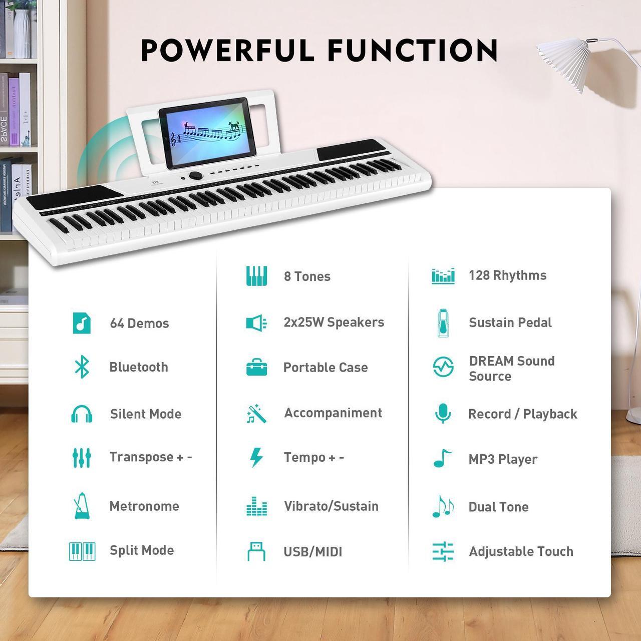 Alt view image 5 of 7 - MUSTAR 88 Key Weighted Keyboard Piano, Full Size Digital Piano 88 Weighted Keys with Stand, Electric Piano Keyboard 88 Keys Semi Weighted with 2x25W Speakers, USB/MIDI, Case, Sustain Pedal, White
